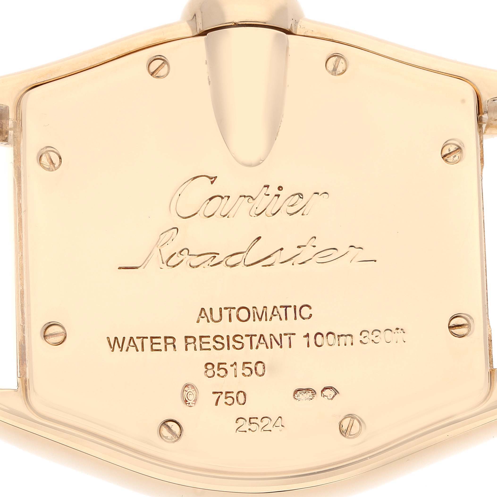 The image shows the back case of the Cartier Roadster W62005V2 Men's Yellow Gold Silver Dial W62005V2 Men's Yellow Gold Silver Dial watch, featuring engravings and specifications.