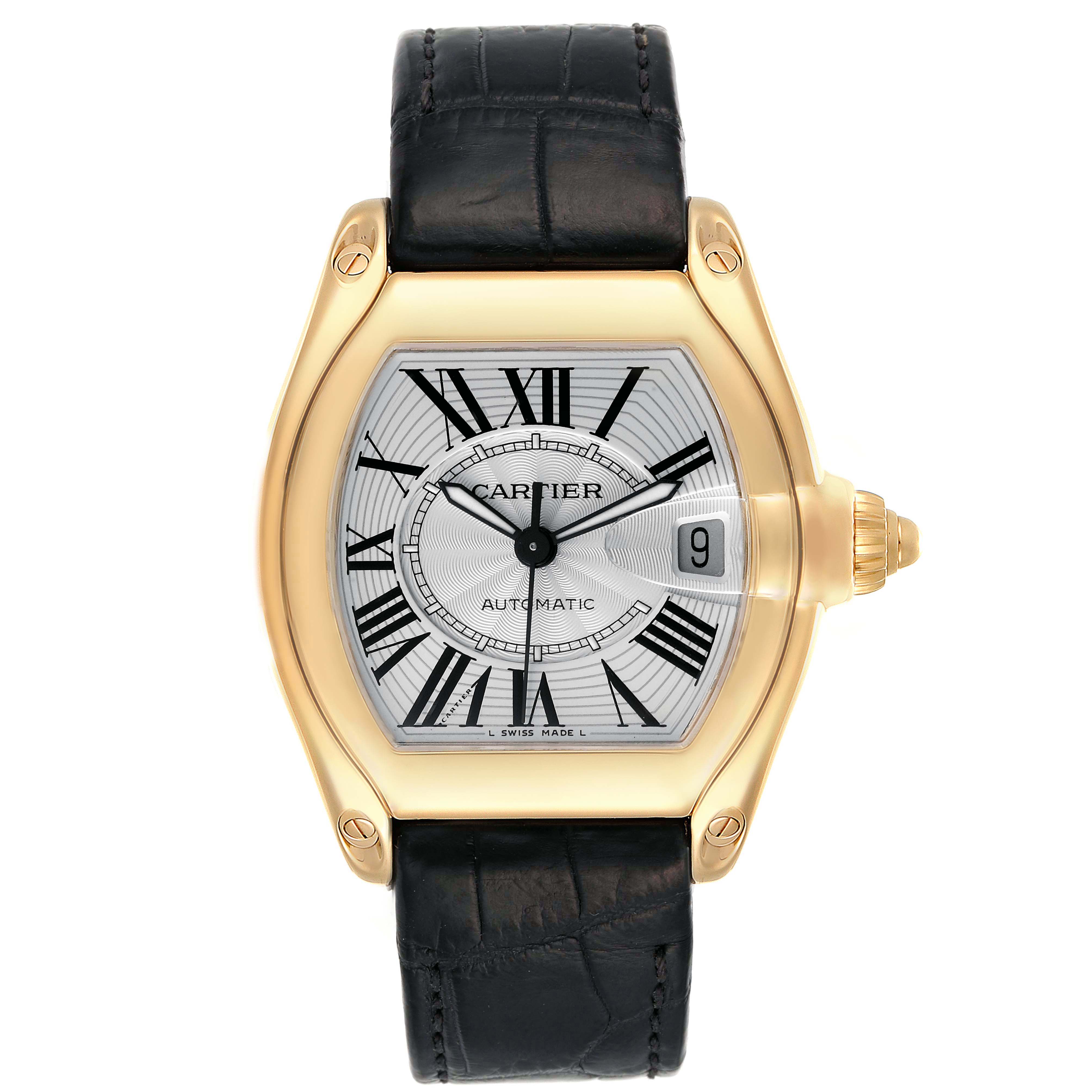 The image shows a head-on view of the Cartier Roadster W62005V2 Men's Yellow Gold Silver Dial W62005V2 Men's Yellow Gold Silver Dial model watch, displaying its face, case, and strap.