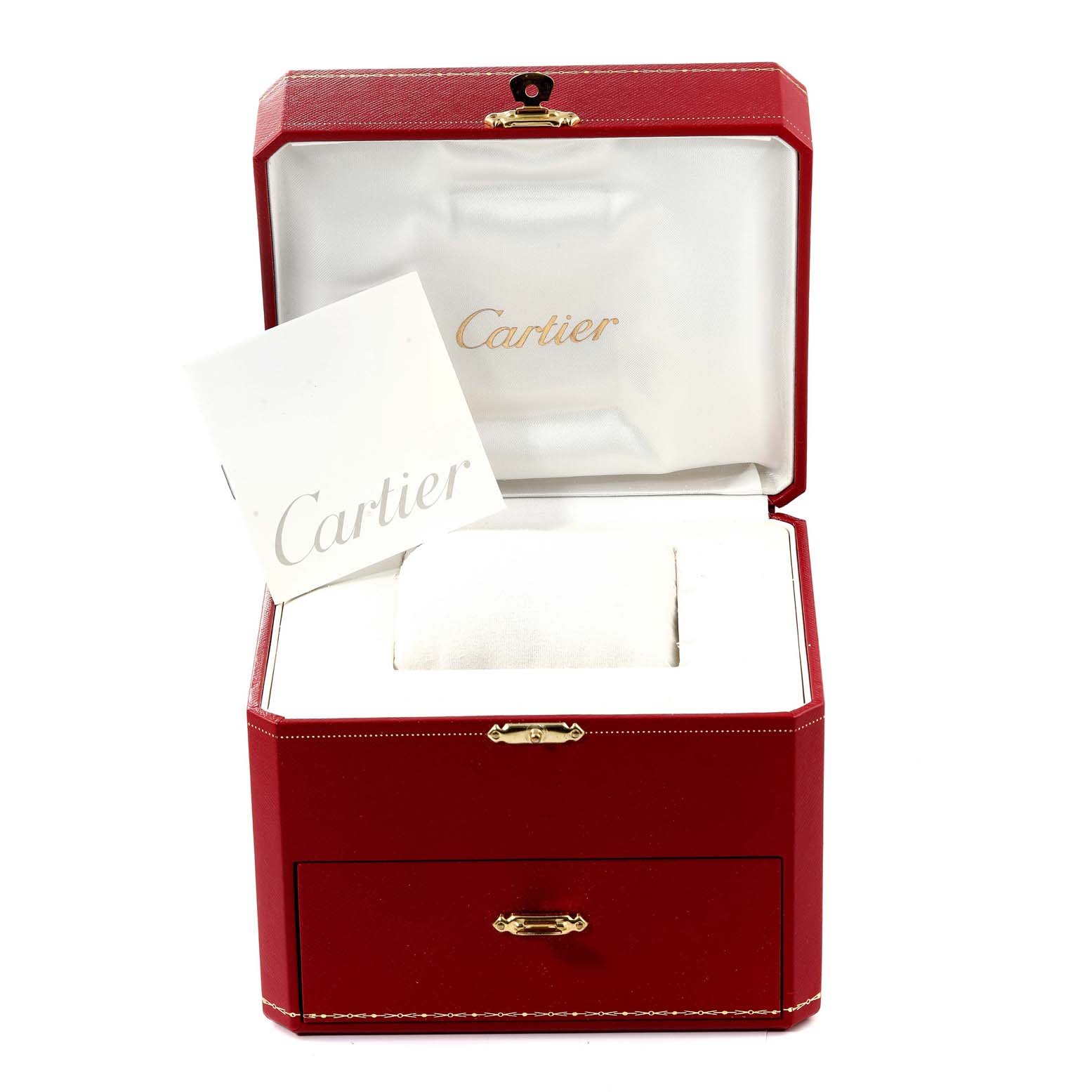 This image displays the open storage box for the Cartier Roadster W62005V2 Men's Yellow Gold Silver Dial W62005V2 Men's Yellow Gold Silver Dial watch, showing the brand logo and pillow insert.