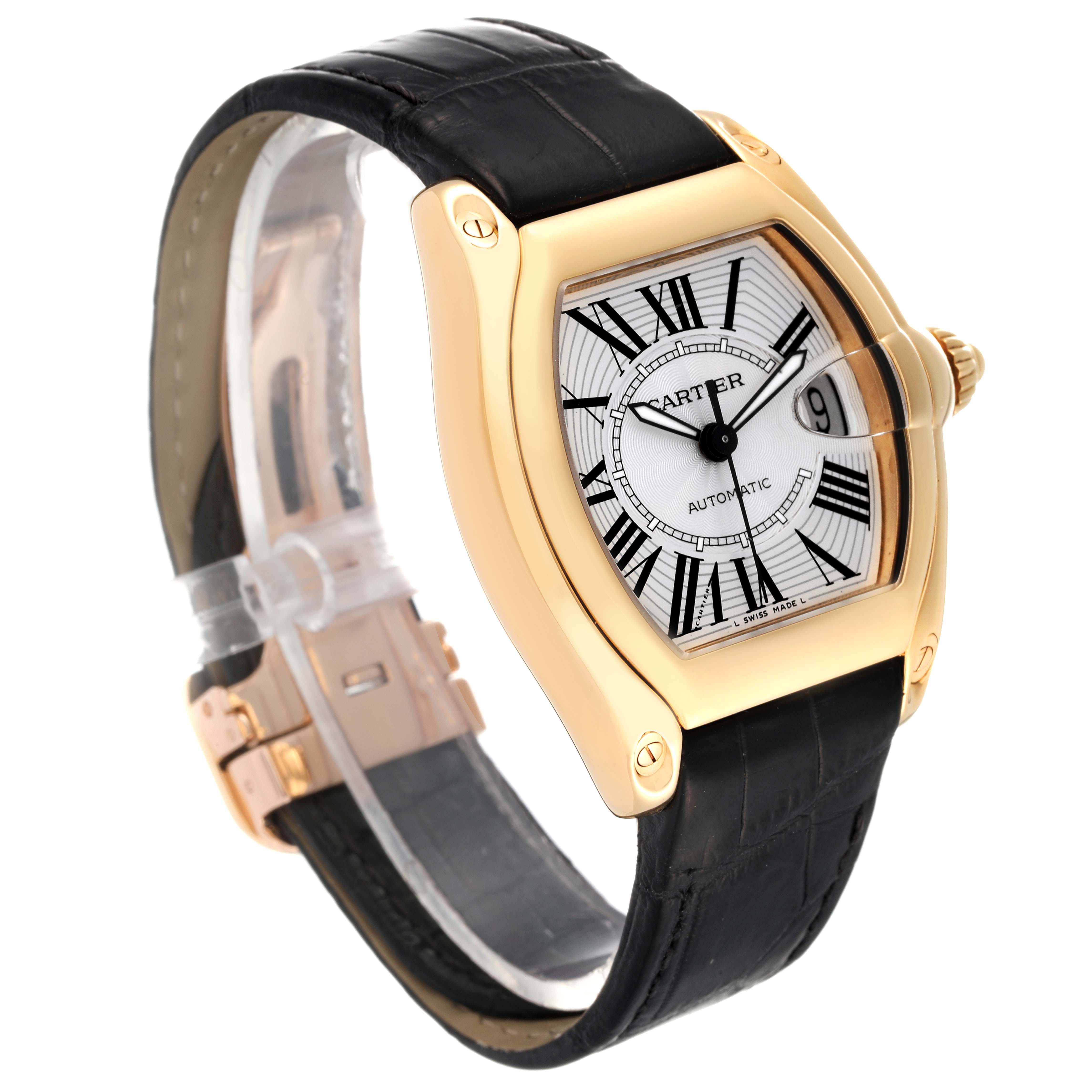 The image shows a Cartier Roadster W62005V2 Men's Yellow Gold Silver Dial W62005V2 Men's Yellow Gold Silver Dial watch at a three-quarter angle, highlighting its face, strap, and clasp.