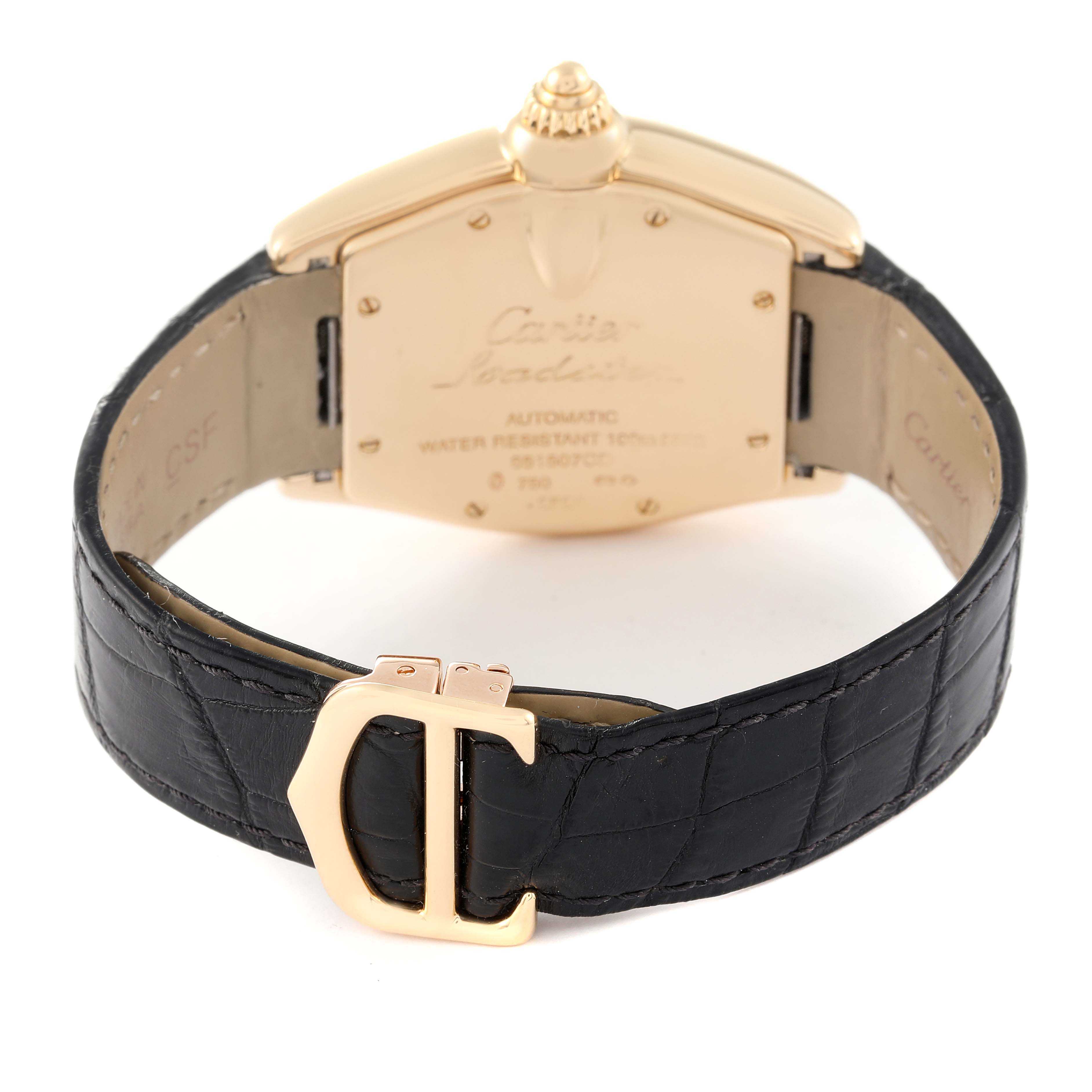 The image shows the back view of the Cartier Roadster W62005V2 Men's Yellow Gold Silver Dial W62005V2 Men's Yellow Gold Silver Dial watch, featuring its case and black leather strap with a gold buckle.