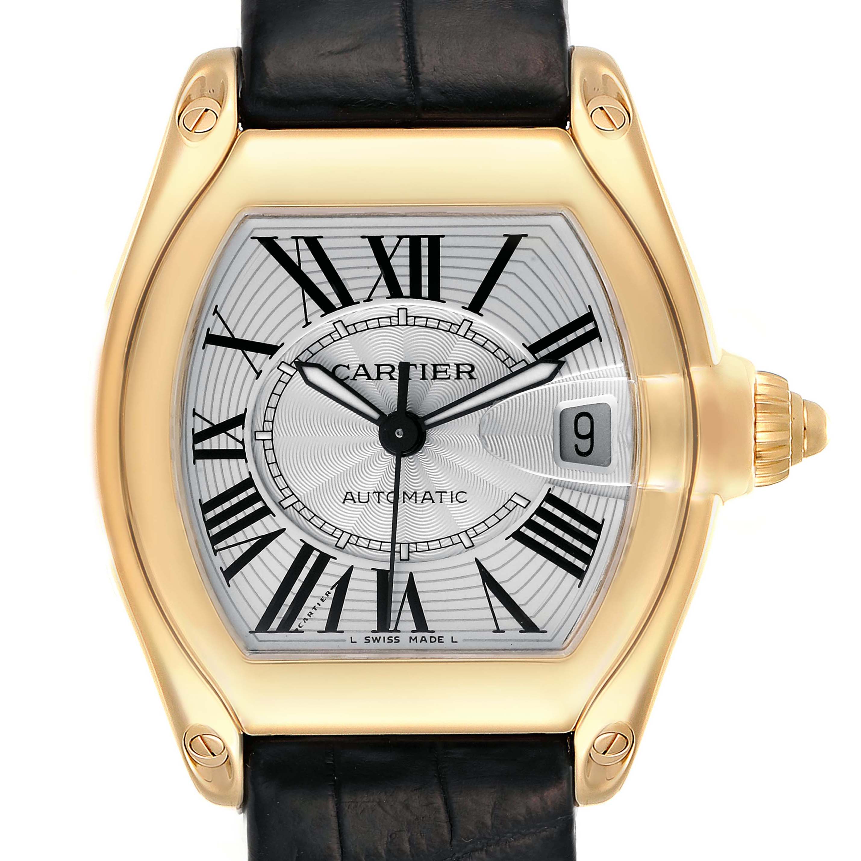 The image shows a Cartier Roadster W62005V2 Men's Yellow Gold Silver Dial W62005V2 Men's Yellow Gold Silver Dial watch head-on, highlighting the dial, case, and crown.