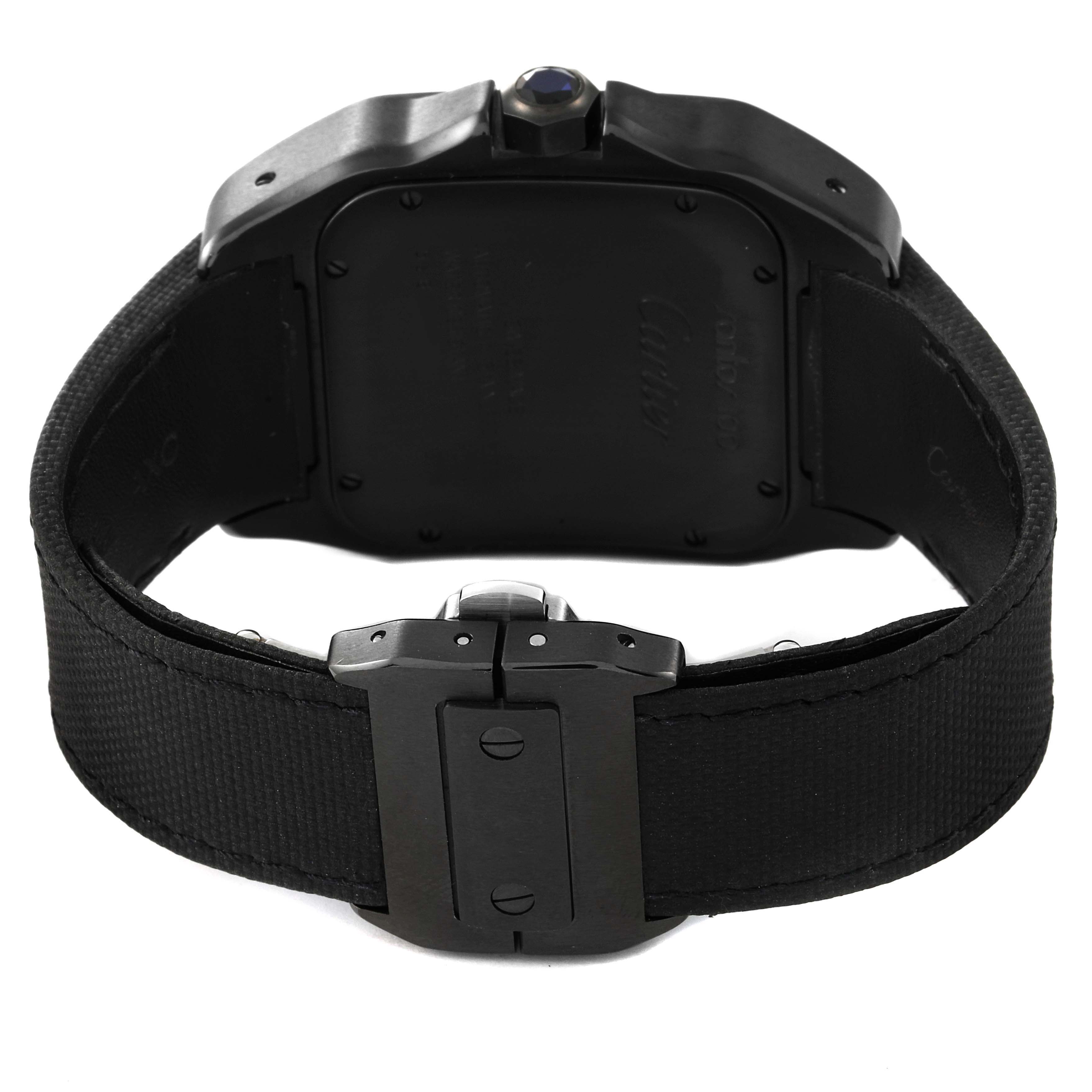 The image shows the back view of a Cartier Santos WSSA0006 Men
s Stainless Steel Black Dial WSSA0006 Men
s Stainless Steel Black Dial watch, highlighting its clasp and strap.