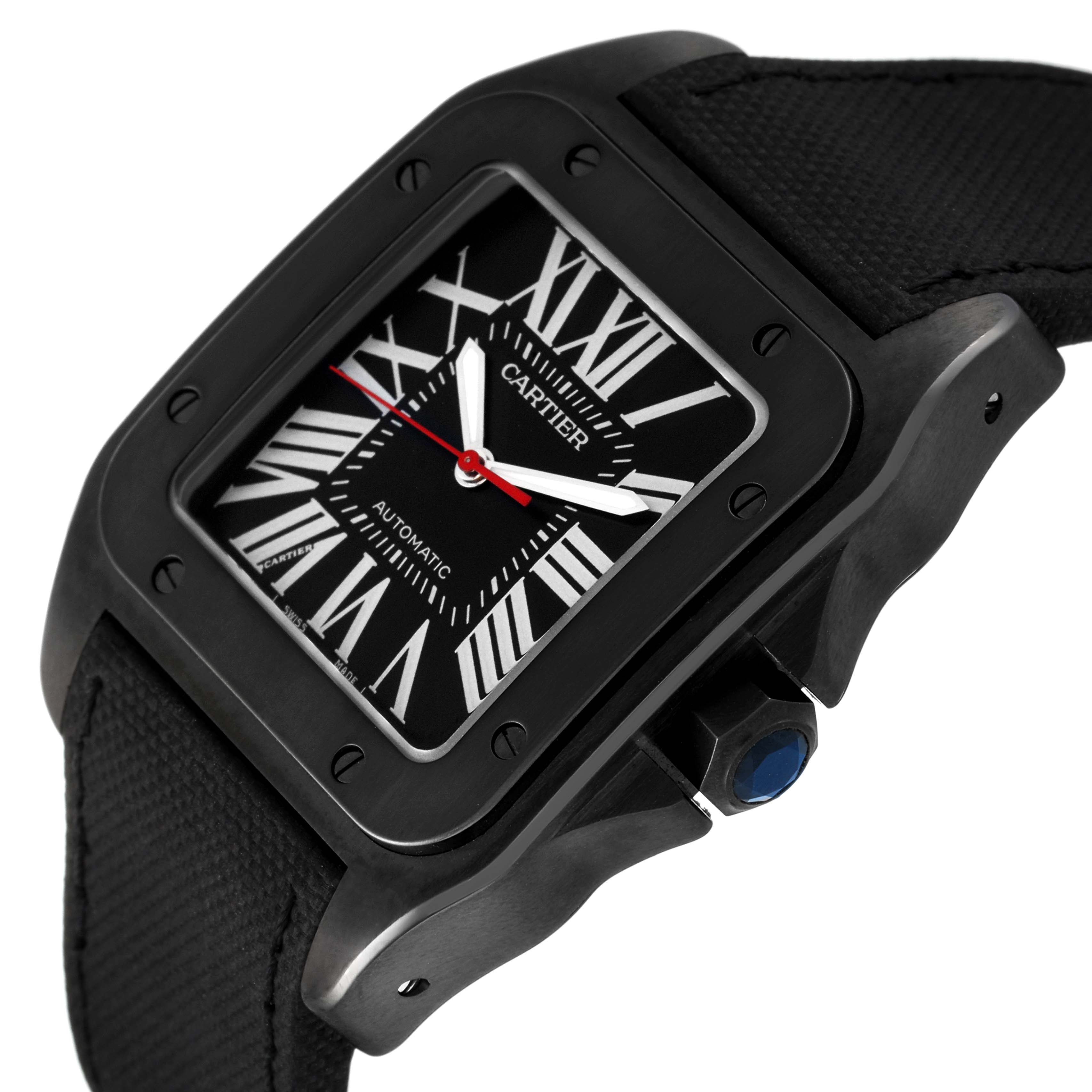 The image shows a close-up angled view of the Santos model by Cartier, highlighting the watch face, bezel, and part of the strap.