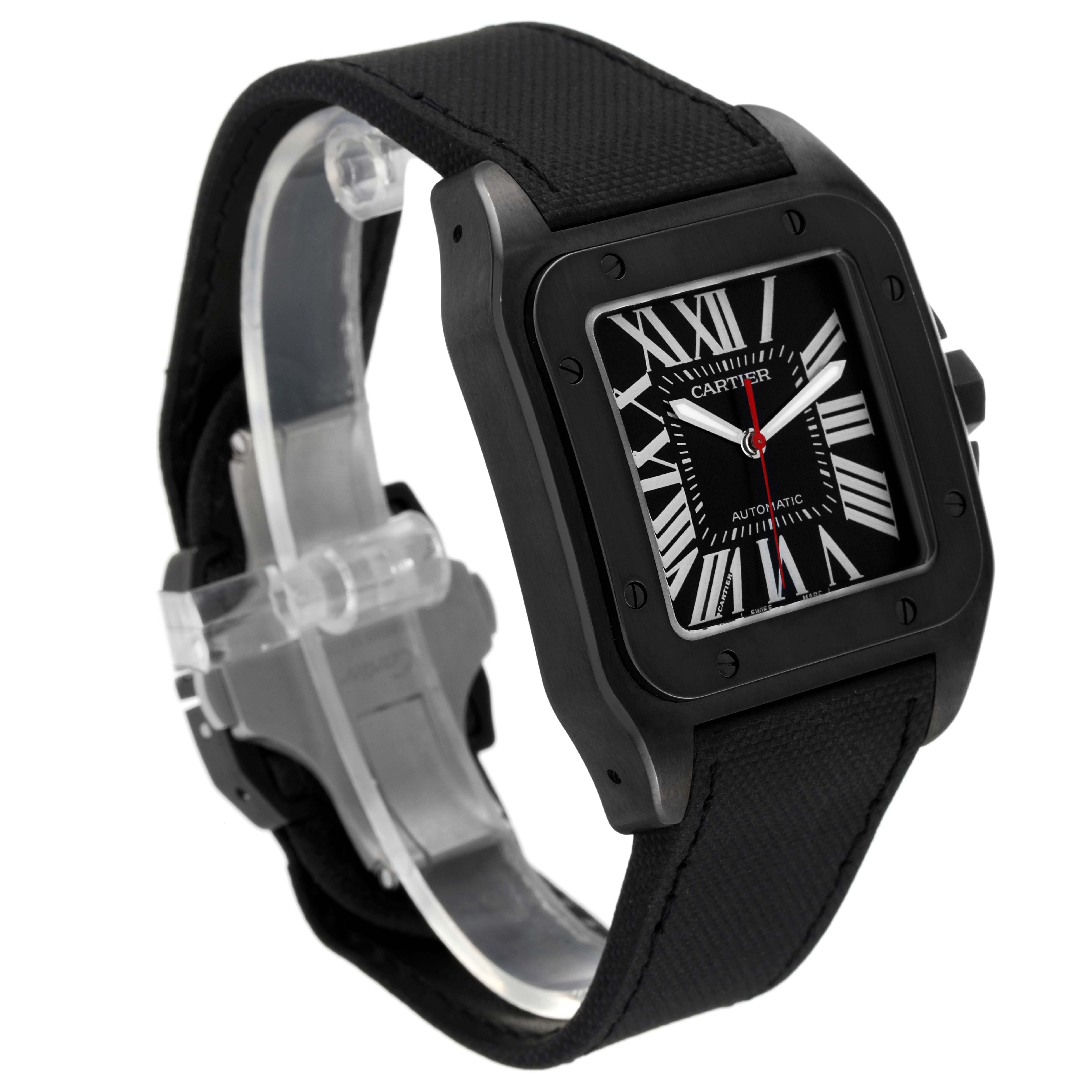 This image shows a Cartier Santos WSSA0006 Men
s Stainless Steel Black Dial WSSA0006 Men
s Stainless Steel Black Dial watch at an angled side view, highlighting its black case, Roman numeral dial, and black strap.