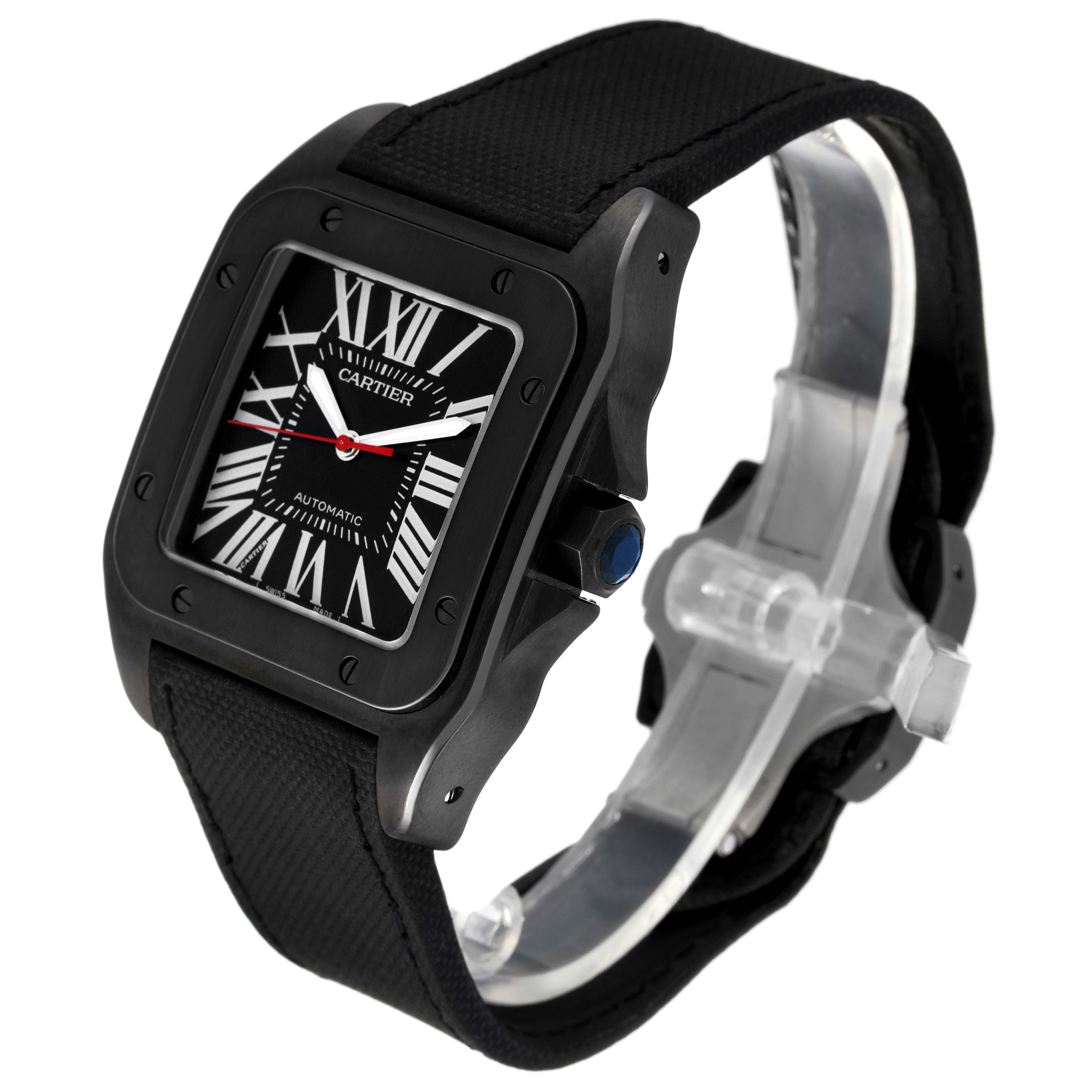 This image shows a Cartier Santos WSSA0006 Men
s Stainless Steel Black Dial WSSA0006 Men
s Stainless Steel Black Dial model watch from a 3/4 angle, highlighting the face, bezel, crown, and strap.