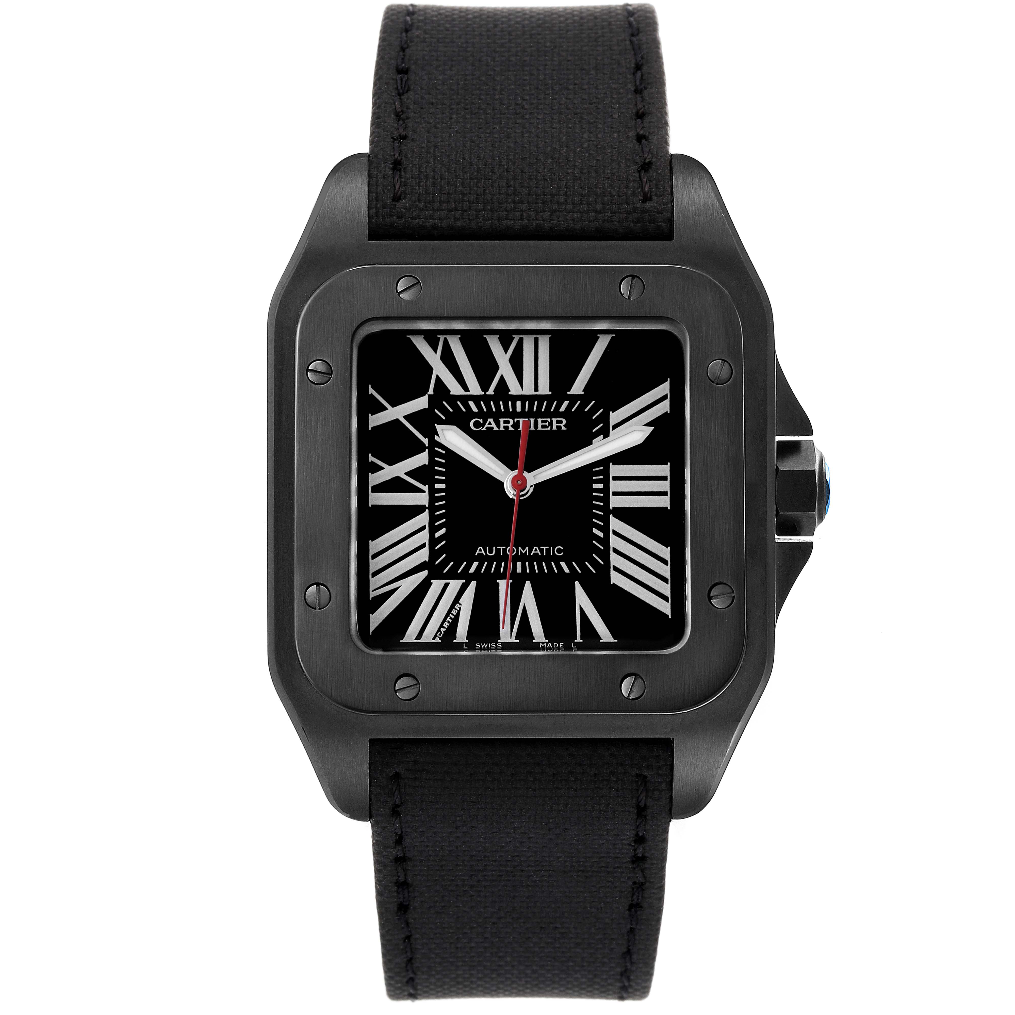 This image shows a front view of the Cartier Santos WSSA0006 Men
s Stainless Steel Black Dial WSSA0006 Men
s Stainless Steel Black Dial watch featuring a black strap, black dial, and Roman numerals.