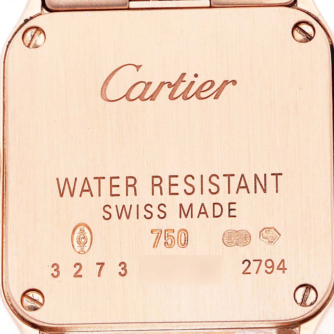 The image shows the back of the Cartier Santos Demoiselle WF9011Z8 Women's Rose Gold Silver Dial watch, highlighting the water resistance and Swiss made inscription.