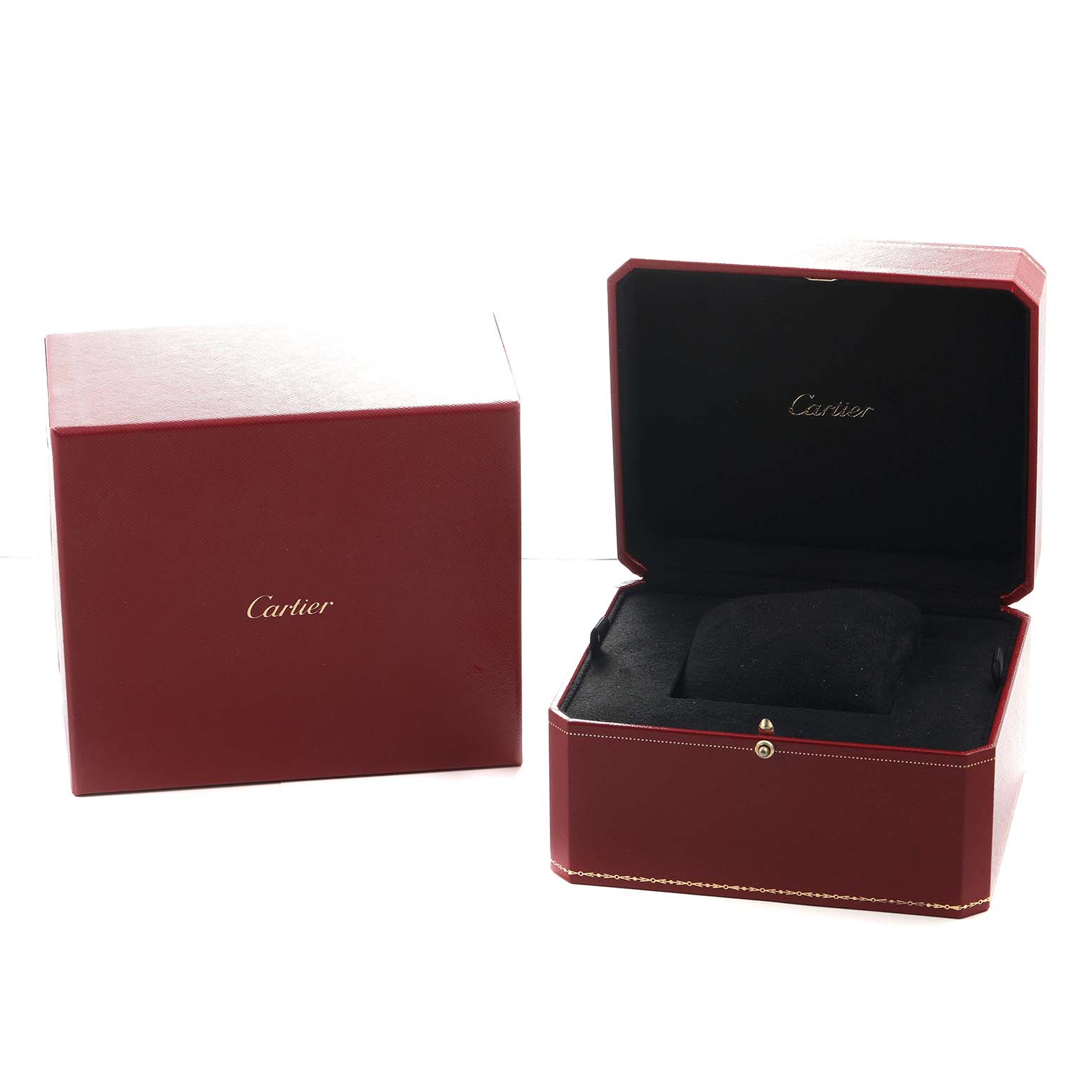 The image displays the Cartier Santos Demoiselle WF9011Z8 Women's Rose Gold Silver Dial watch packaging, showing both the closed outer box and open inner box from an angled view.