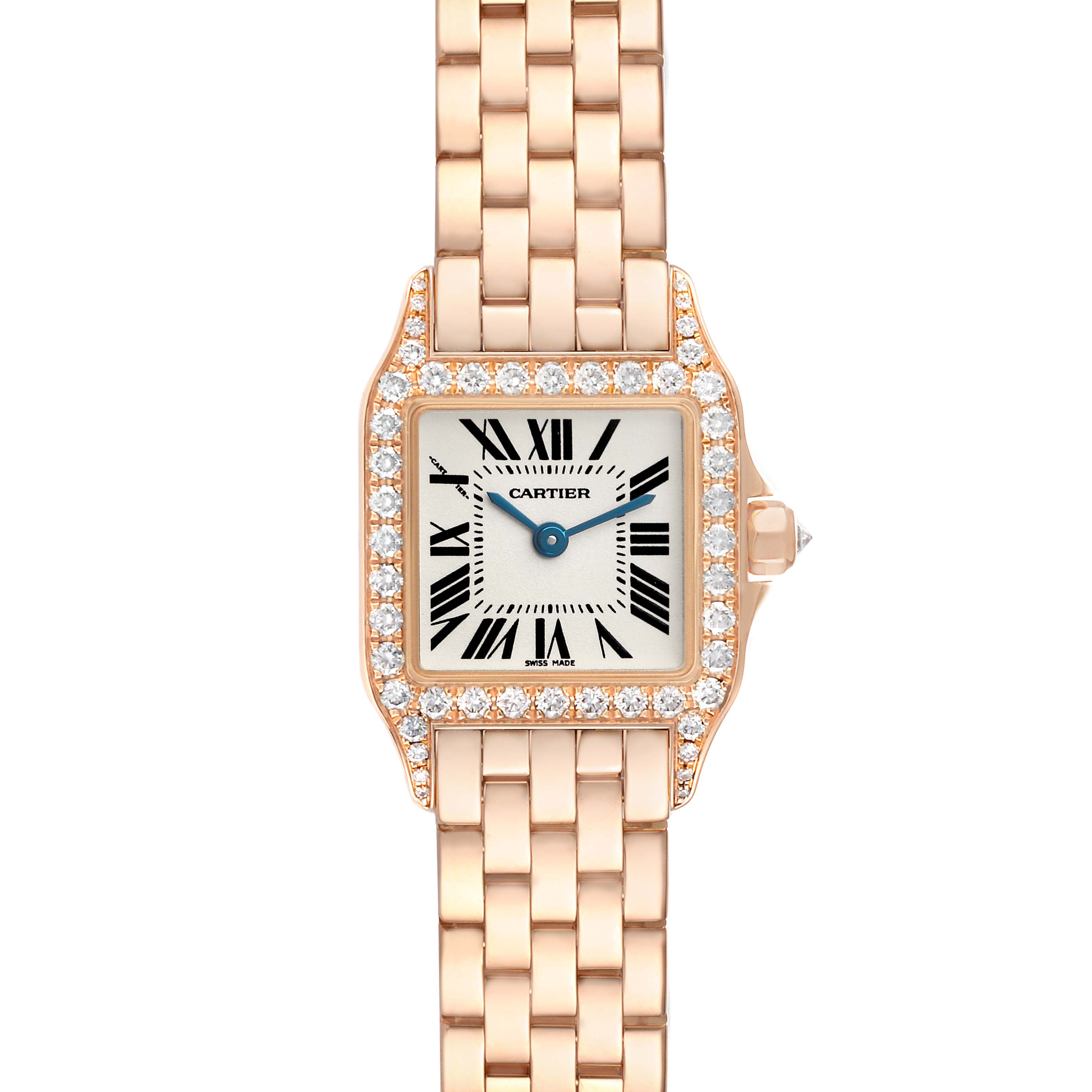 The Cartier Santos Demoiselle WF9011Z8 Women's Rose Gold Silver Dial watch is shown from a top-down angle, highlighting its diamond-studded bezel, face, and gold bracelet.