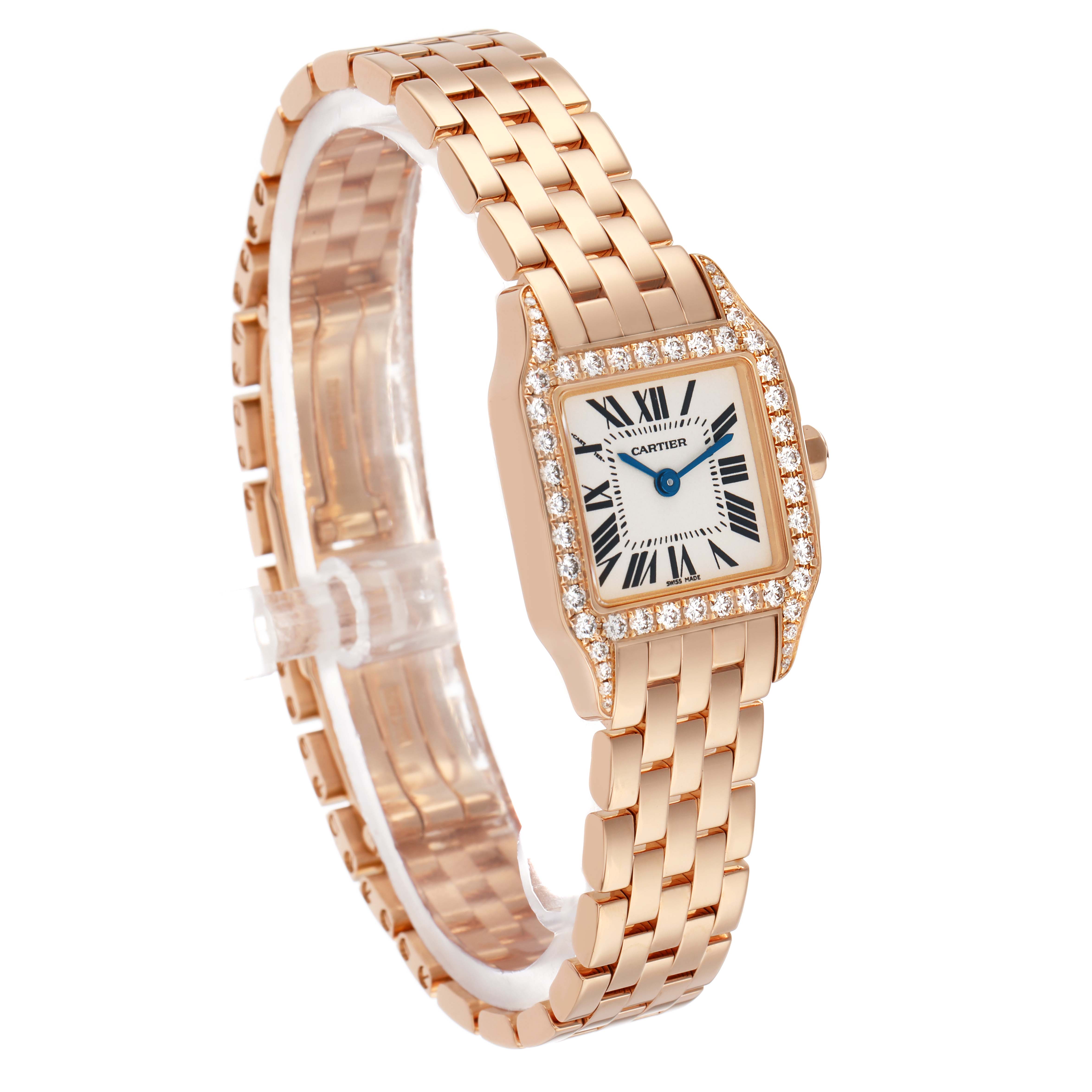 The Cartier Santos Demoiselle WF9011Z8 Women's Rose Gold Silver Dial watch is shown at a slight angle, highlighting the face, bezel, and link bracelet.