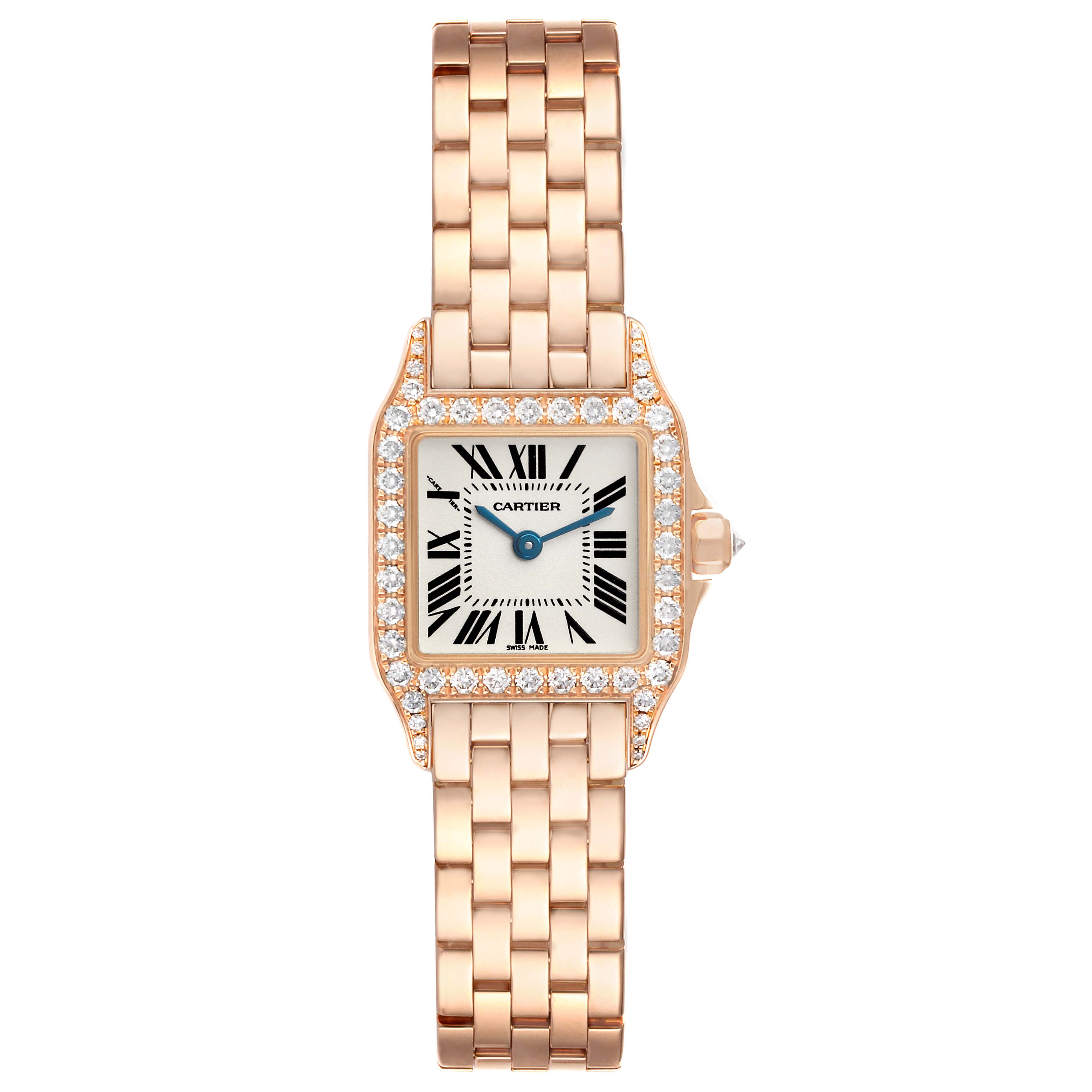 The Cartier Santos Demoiselle WF9011Z8 Women's Rose Gold Silver Dial watch is shown from a top-down angle, highlighting its square face, diamond bezel, and link bracelet.