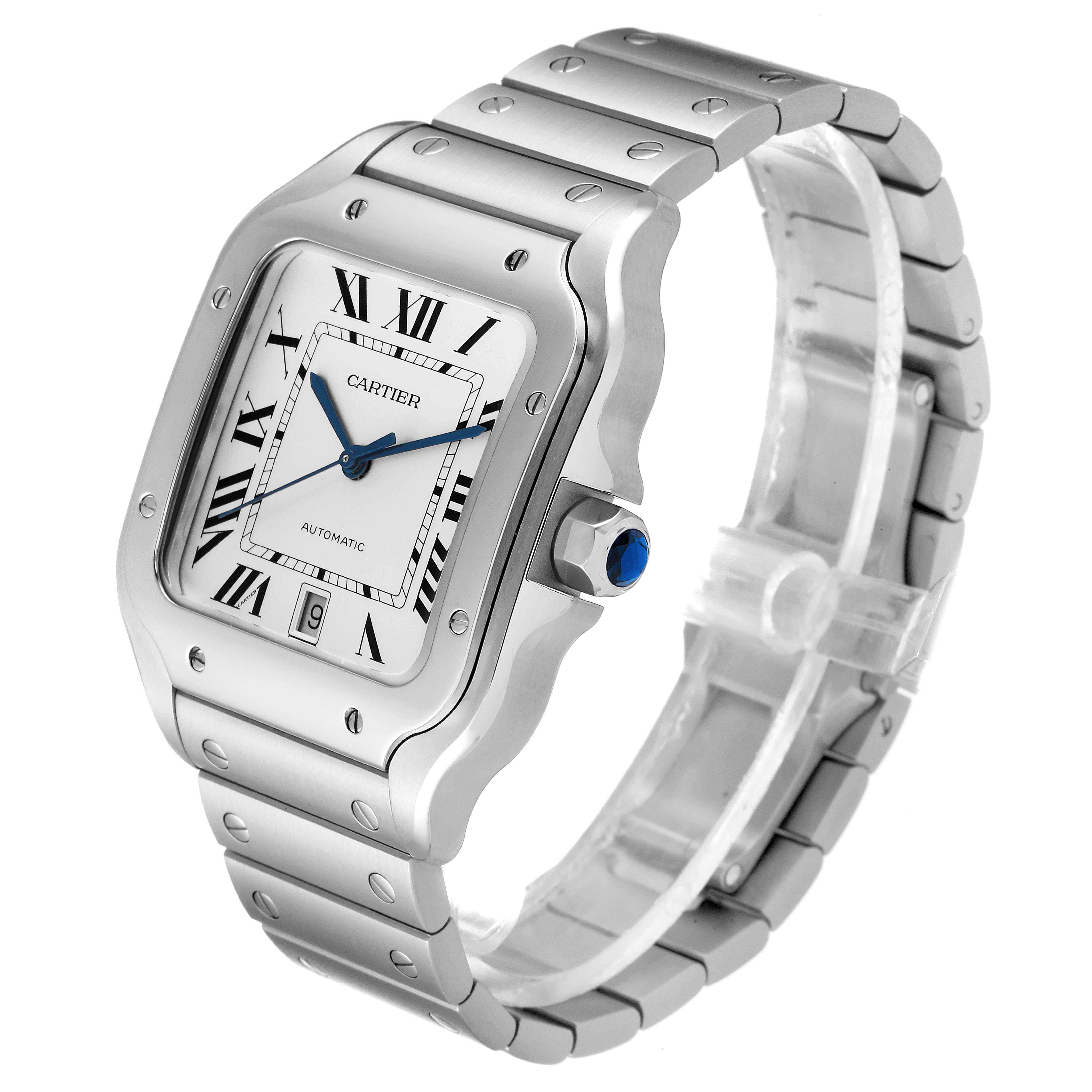 The Cartier Santos WSSA0018 Men's Stainless Steel Silver Dial WSSA0018 Men's Stainless Steel Silver Dial watch is shown from a front-right angle, displaying its face, bezel, and a section of its bracelet.
