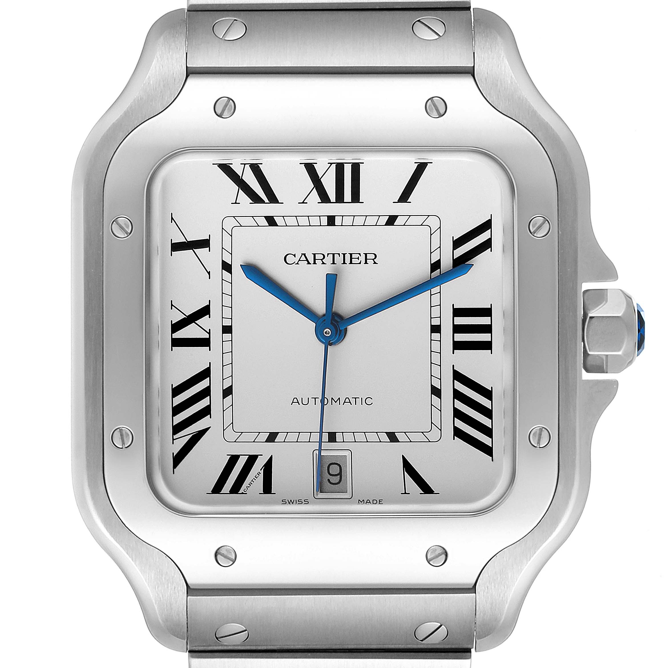 This close-up view shows the face, bezel, screws, and bracelet of the Santos model by Cartier.