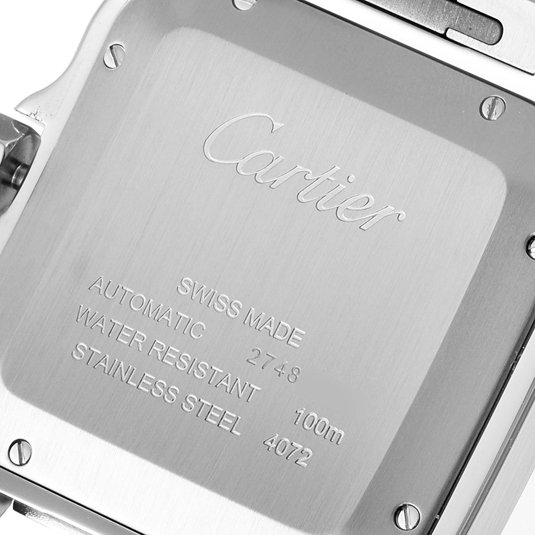 This image shows the back case of a Cartier Santos WSSA0018 Men's Stainless Steel Silver Dial WSSA0018 Men's Stainless Steel Silver Dial watch, highlighting its inscriptions and specifications.