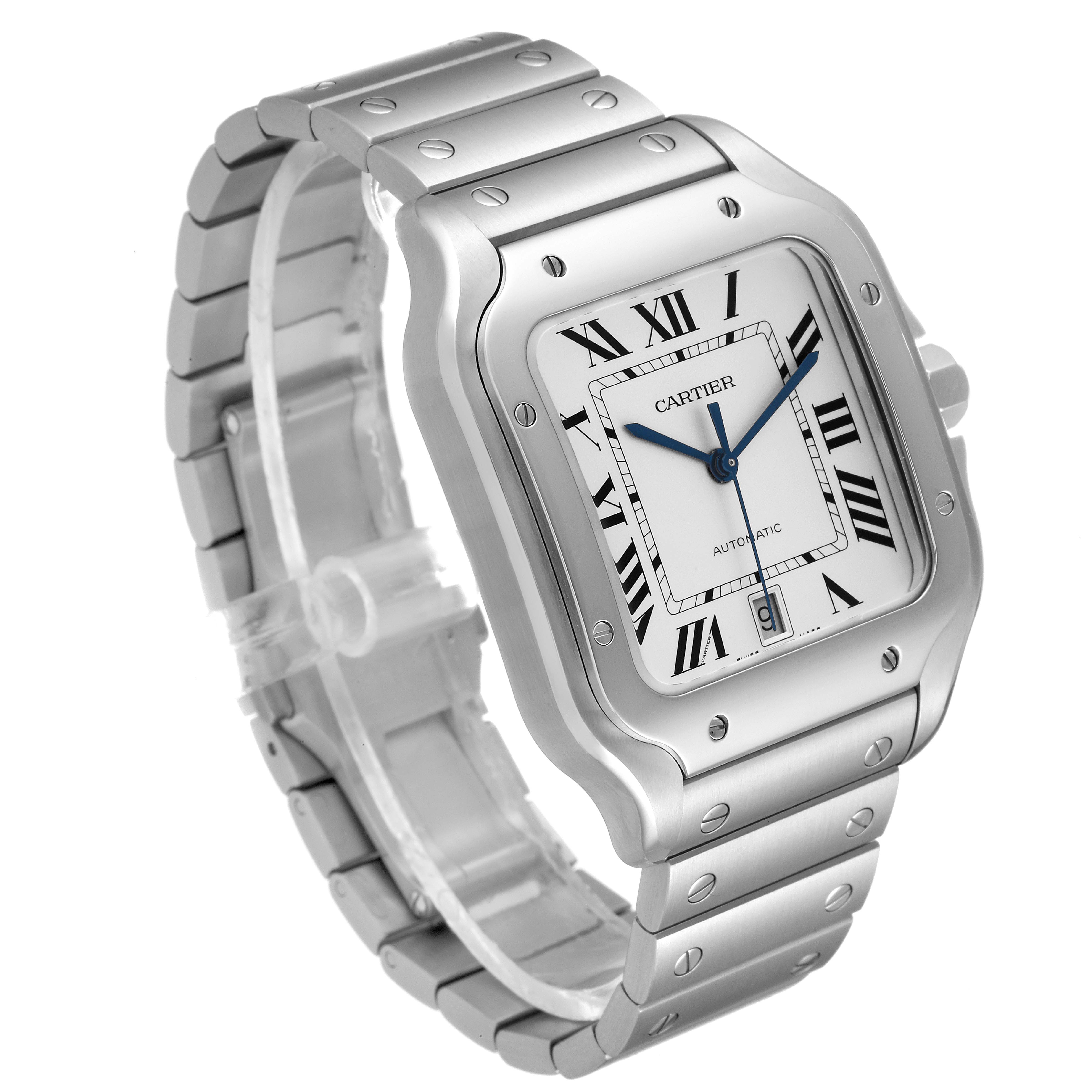 The image shows a side angle of a Cartier Santos WSSA0018 Men's Stainless Steel Silver Dial WSSA0018 Men's Stainless Steel Silver Dial model watch, highlighting the case, face, and metal bracelet.
