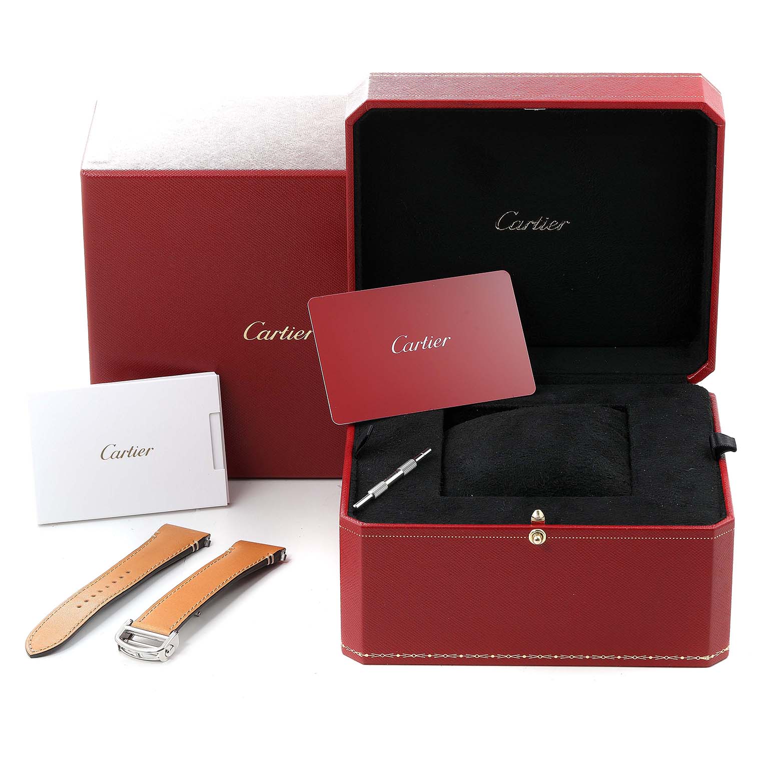 This image shows the packaging, extra straps, user manual, and screwdriver for a Santos model by Cartier.