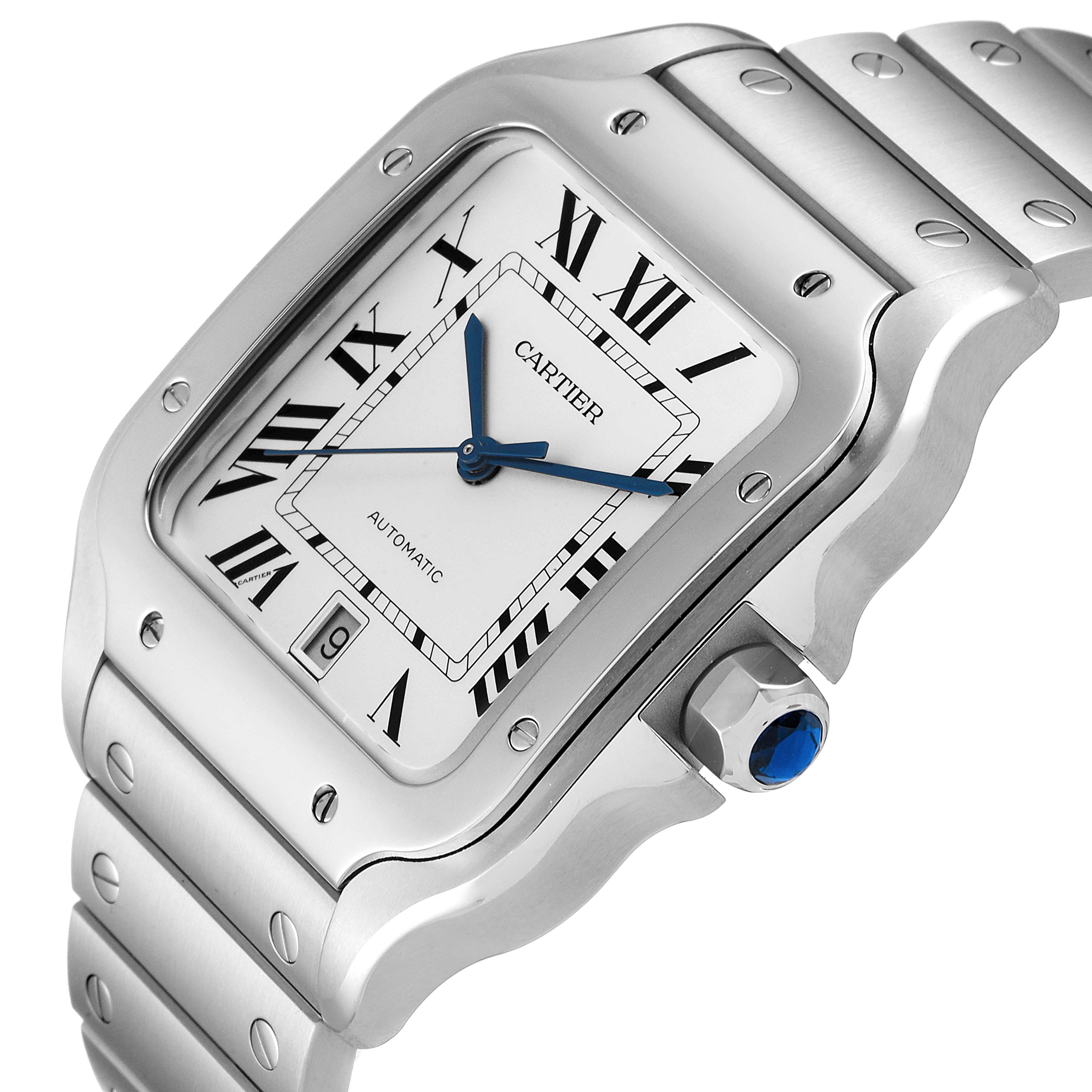 This image shows a close-up angle of the Cartier Santos WSSA0018 Men's Stainless Steel Silver Dial WSSA0018 Men's Stainless Steel Silver Dial watch, highlighting the face, bezel, crown, and part of the bracelet.