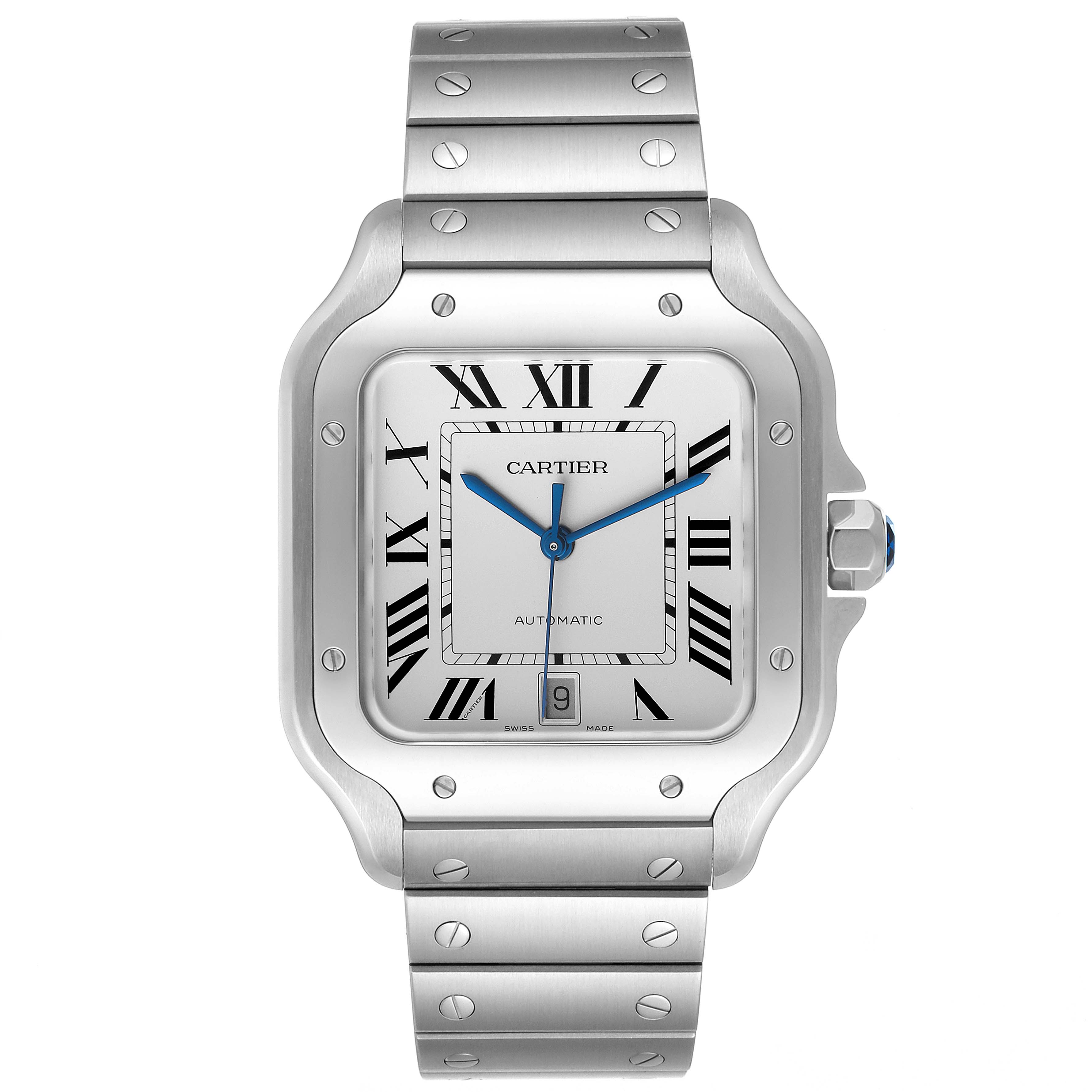 The image shows a frontal view of a Santos model watch by Cartier, featuring its face, bezel, and part of the bracelet.