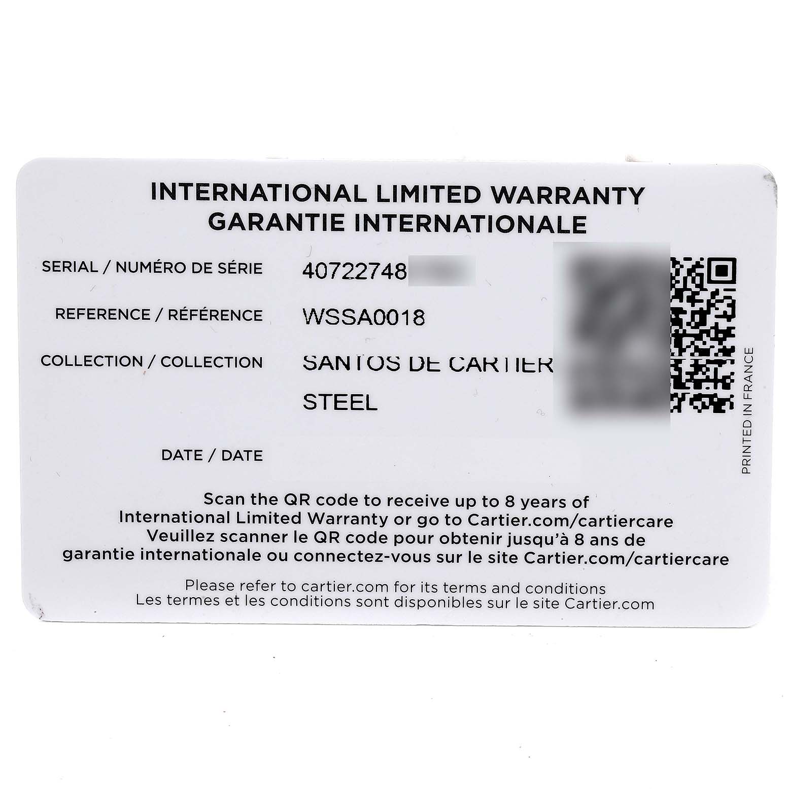 The image shows the International Limited Warranty card for the Santos de Cartier model by Cartier.