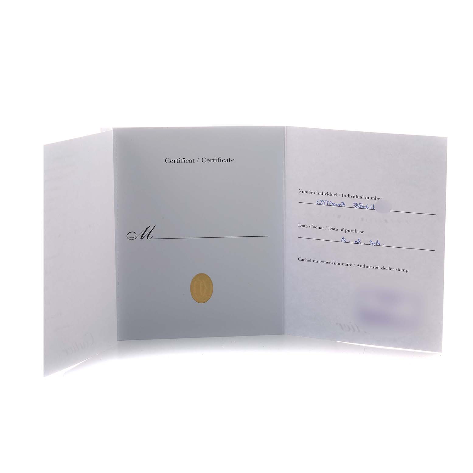 The image shows a Cartier Tank Anglaise WJTA0007 Women's Rose Gold Silver Dial watch certificate open in a three-paneled view.