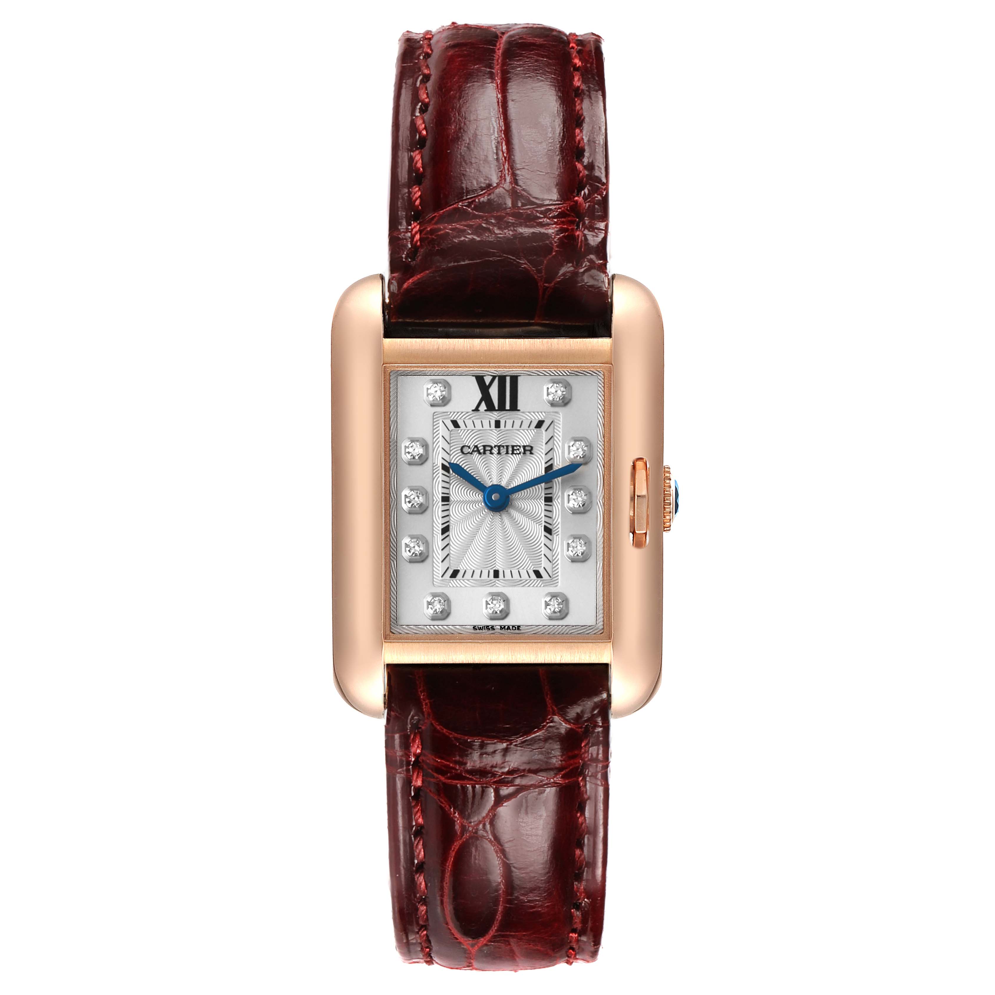 The Cartier Tank Anglaise WJTA0007 Women's Rose Gold Silver Dial watch is shown from the front, highlighting its rectangular face, diamond markers, and leather strap.