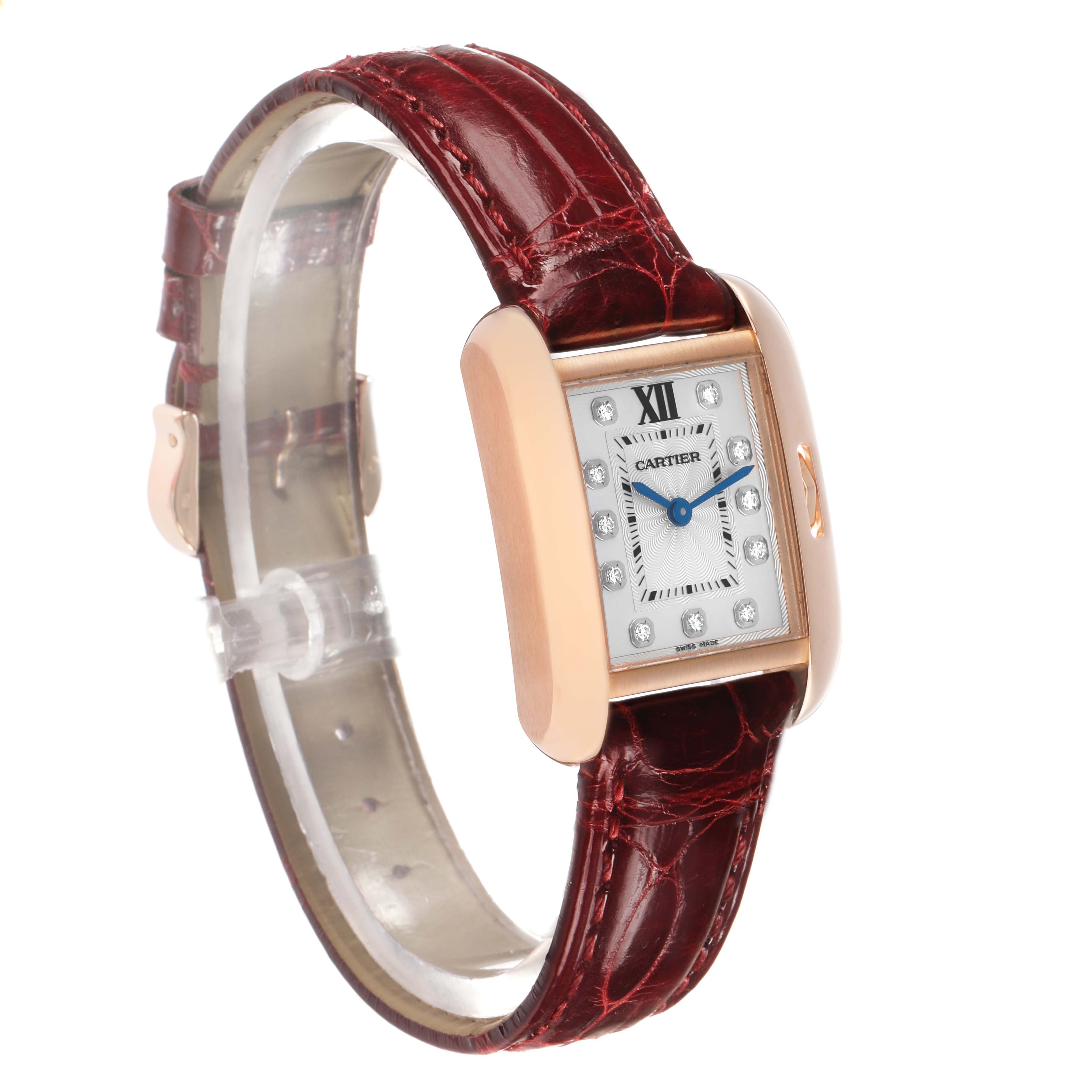 The image shows a Cartier Tank Anglaise WJTA0007 Women's Rose Gold Silver Dial watch from a side angle, displaying the face, case, and leather strap.