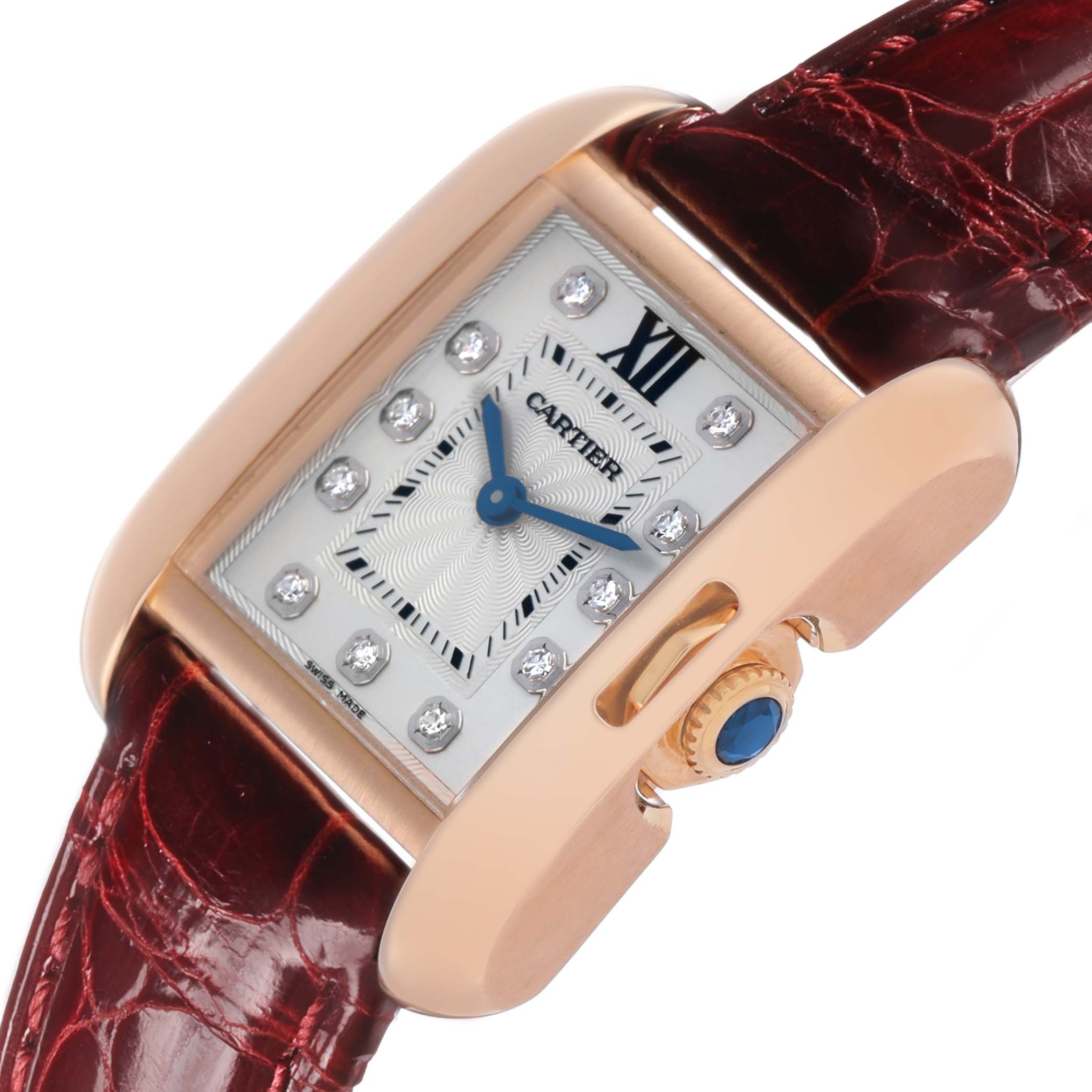 The Cartier Tank Anglaise WJTA0007 Women's Rose Gold Silver Dial watch is shown at an angle highlighting the watch face, crown, and part of the strap.