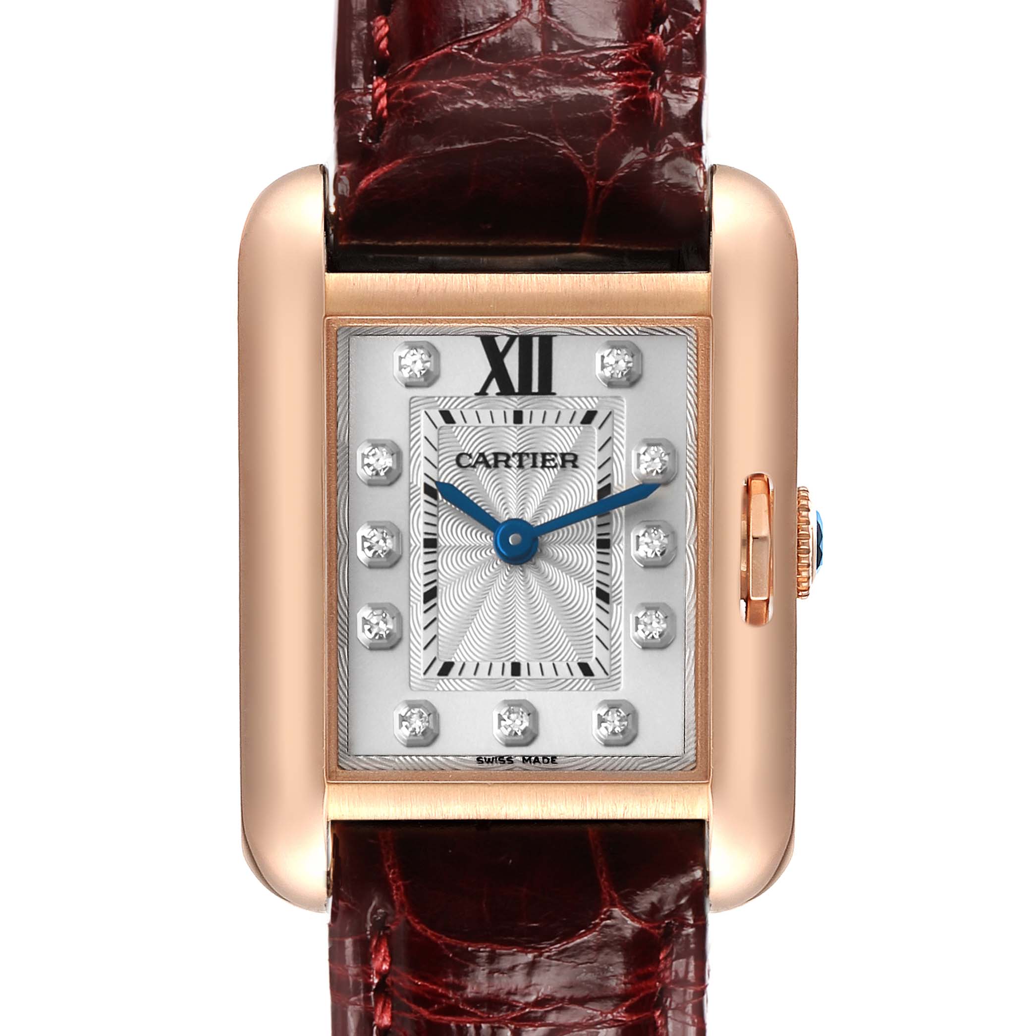 The Cartier Tank Anglaise WJTA0007 Women's Rose Gold Silver Dial watch is shown from a front angle, highlighting the face, dial, strap, and crown.
