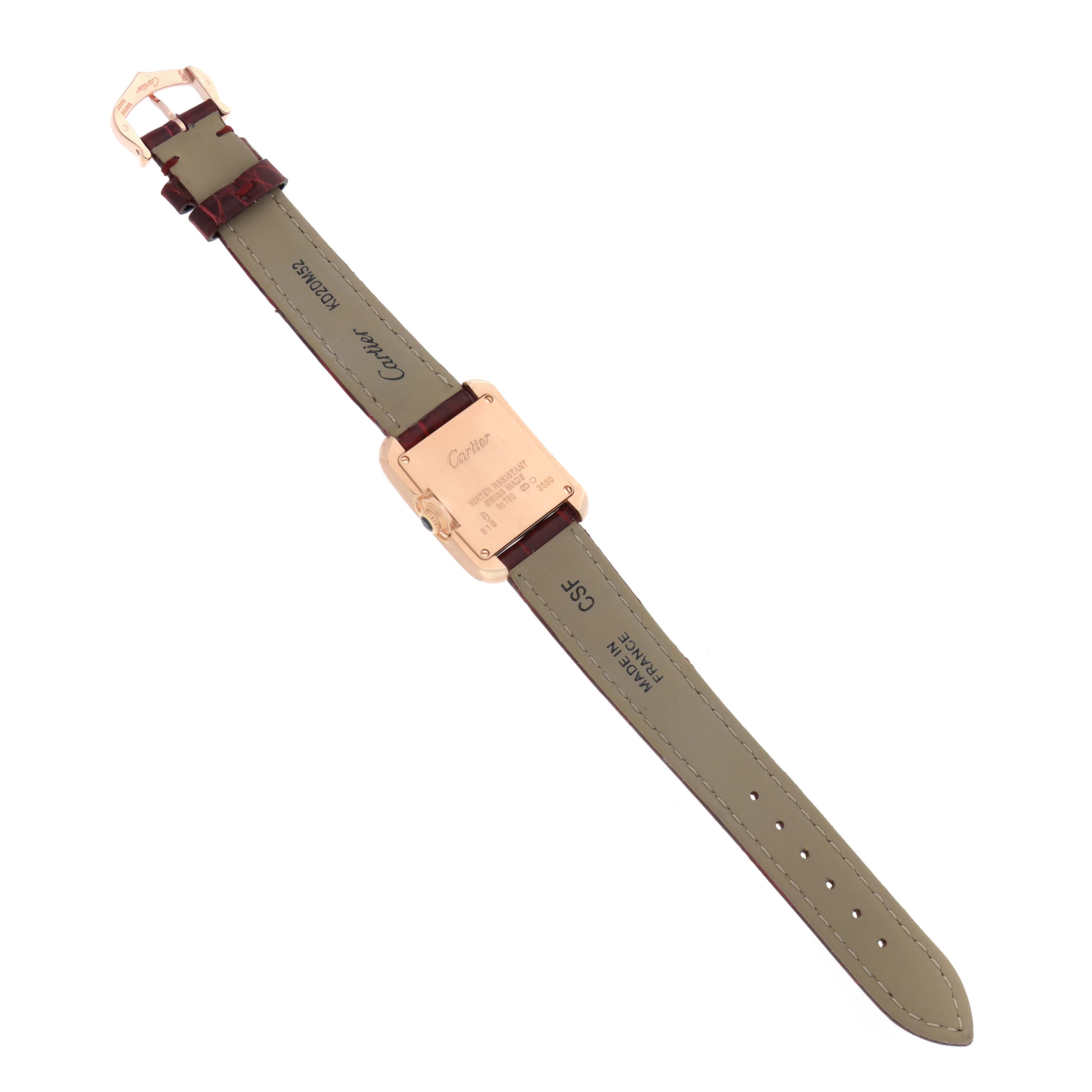 The image shows the back view of a Cartier Tank Anglaise WJTA0007 Women's Rose Gold Silver Dial watch, highlighting the strap, buckle, and case back.