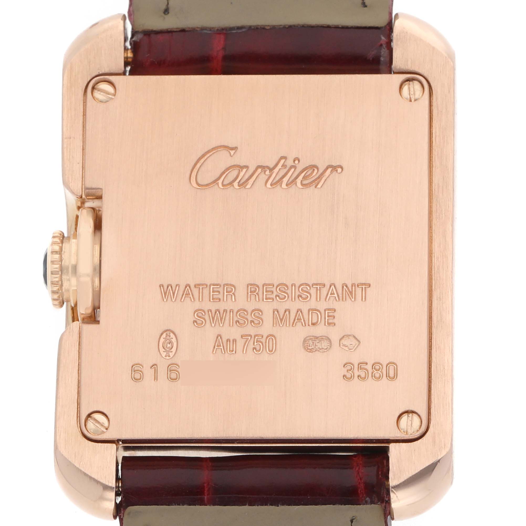 The image shows the back of a Cartier Tank Anglaise WJTA0007 Women's Rose Gold Silver Dial watch, displaying its branding and specifications.