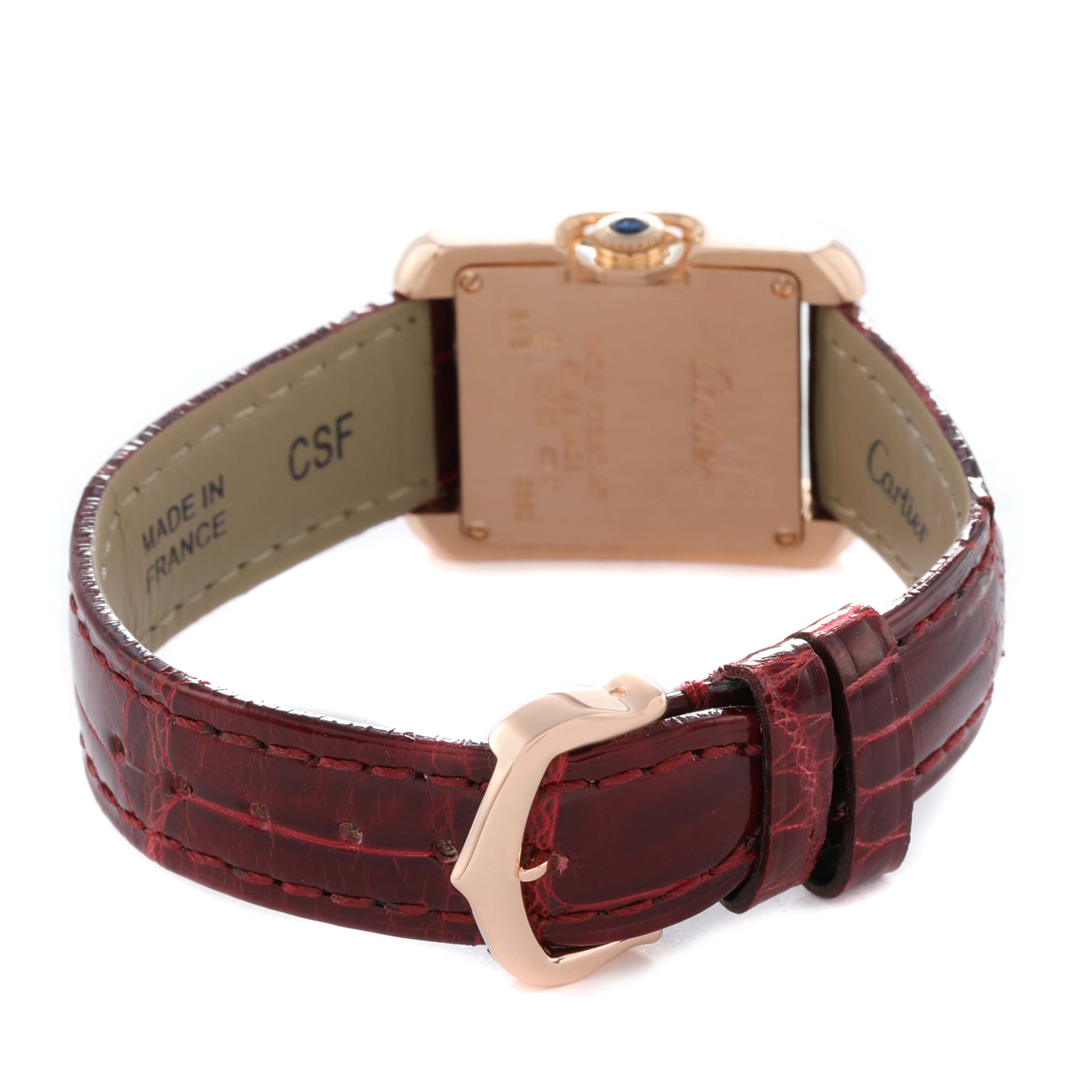 The image shows the back of a Cartier Tank Anglaise WJTA0007 Women's Rose Gold Silver Dial watch, highlighting the buckle and leather strap.