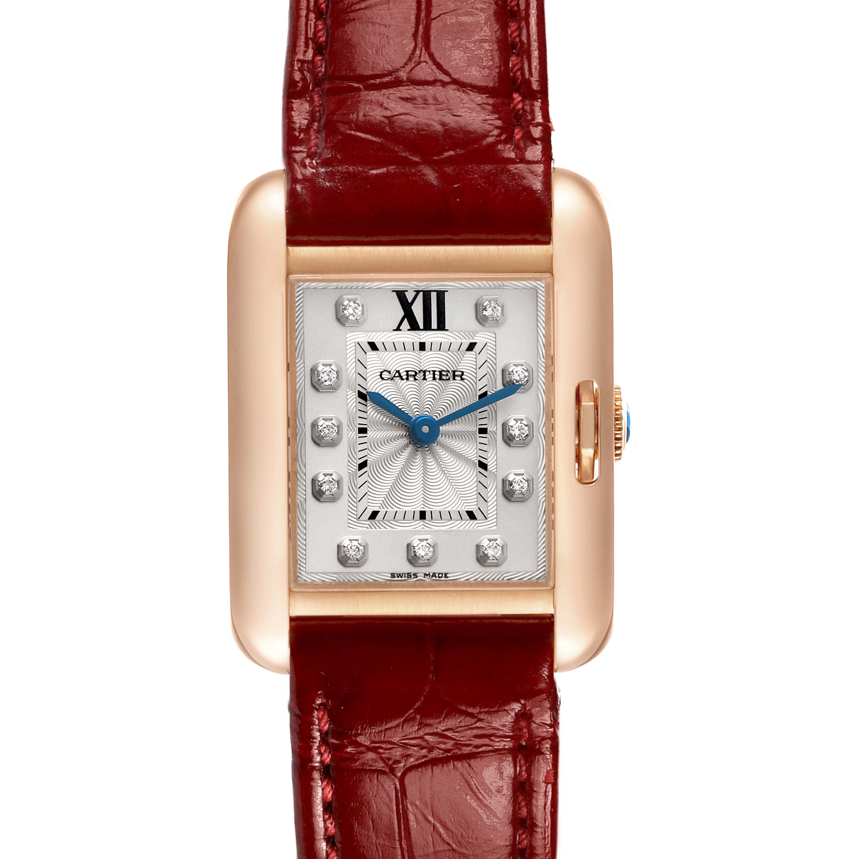 The Cartier Tank Anglaise WJTA0007 Women's Rose Gold Silver Dial watch is shown from a front angle, displaying its face, diamond markers, case, and a red leather strap.