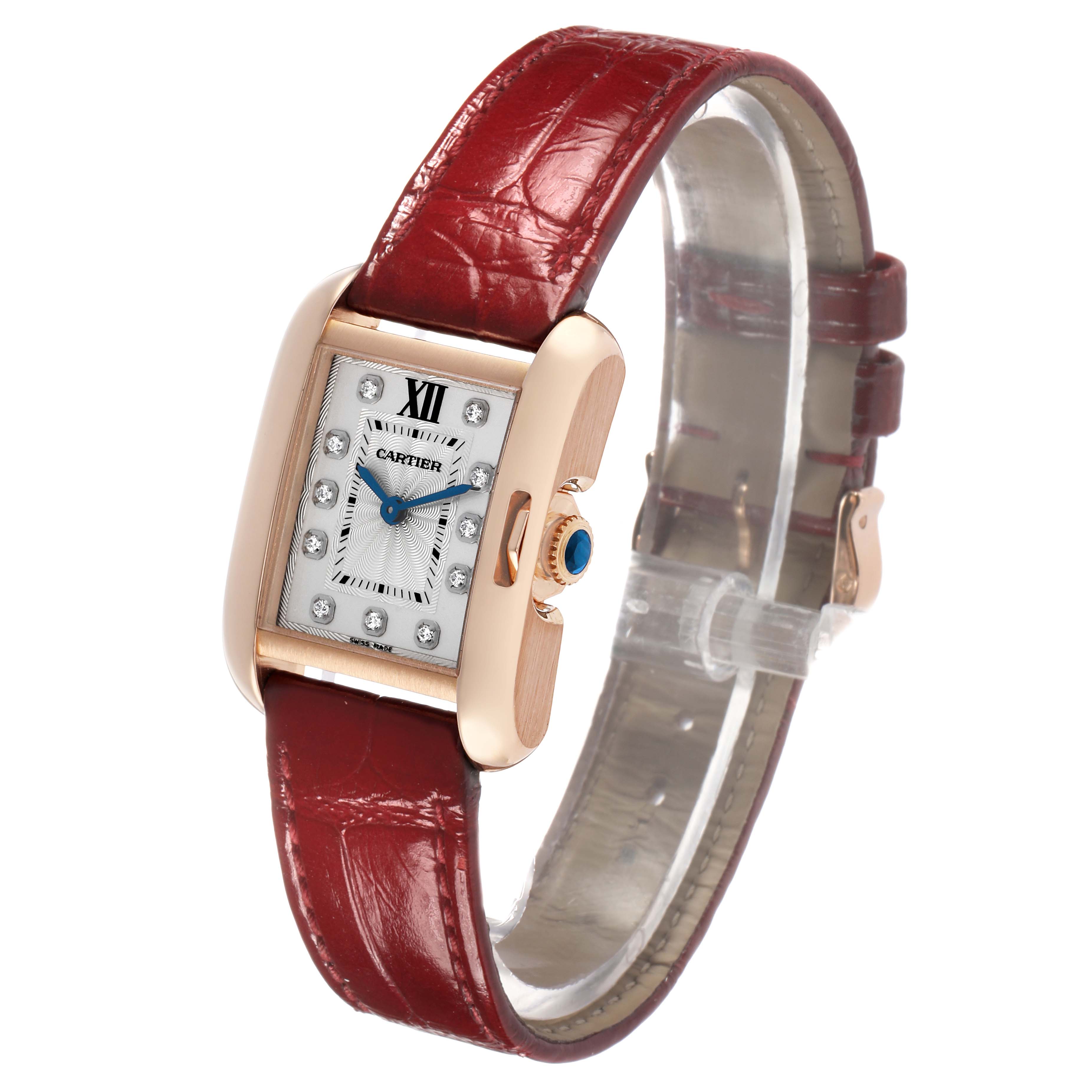 The Cartier Tank Anglaise WJTA0007 Women's Rose Gold Silver Dial watch is shown at a three-quarter angle, displaying its face, crown, and leather strap.