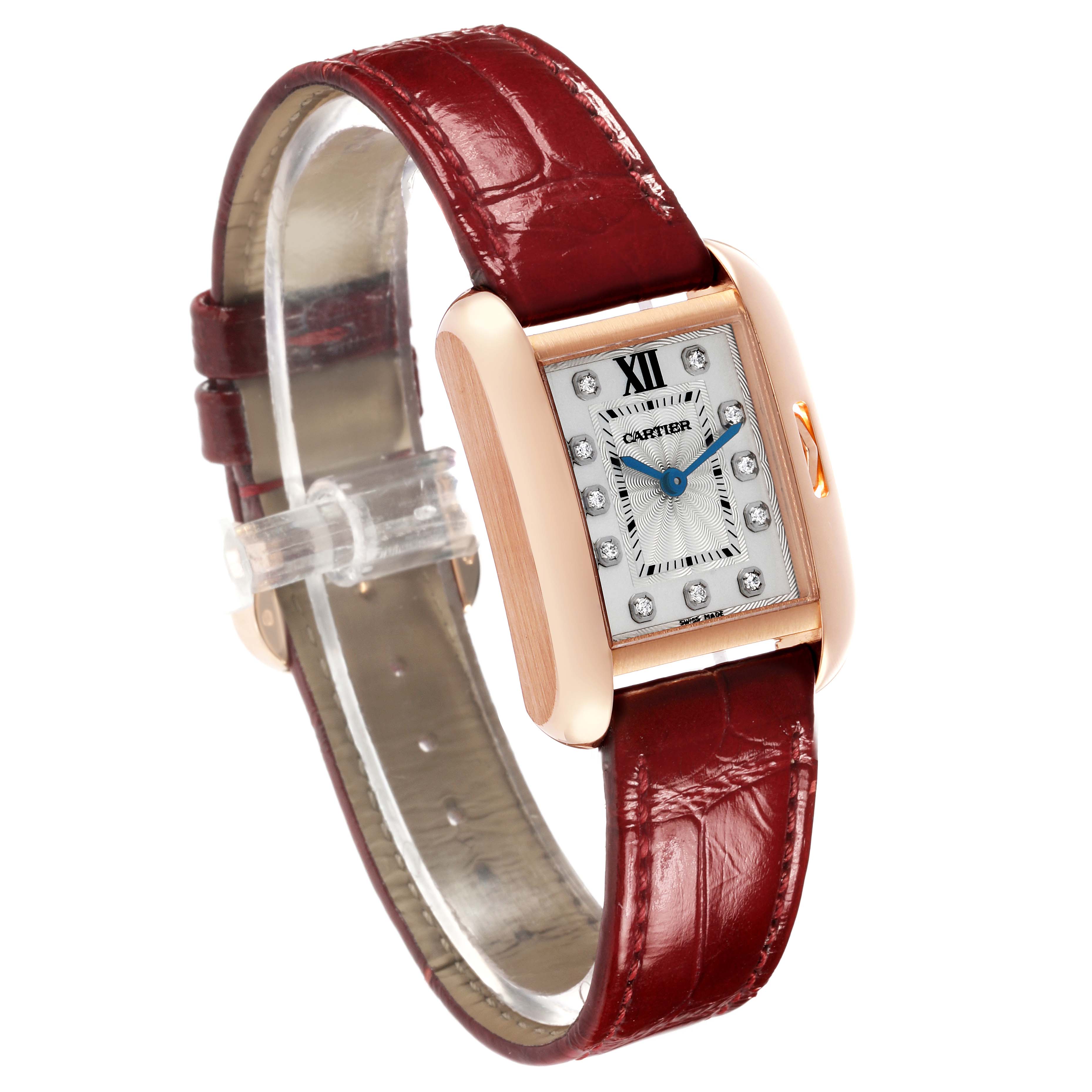 The Cartier Tank Anglaise WJTA0007 Women's Rose Gold Silver Dial watch is shown at an angled side view, displaying the face, leather strap, and distinctive crown.