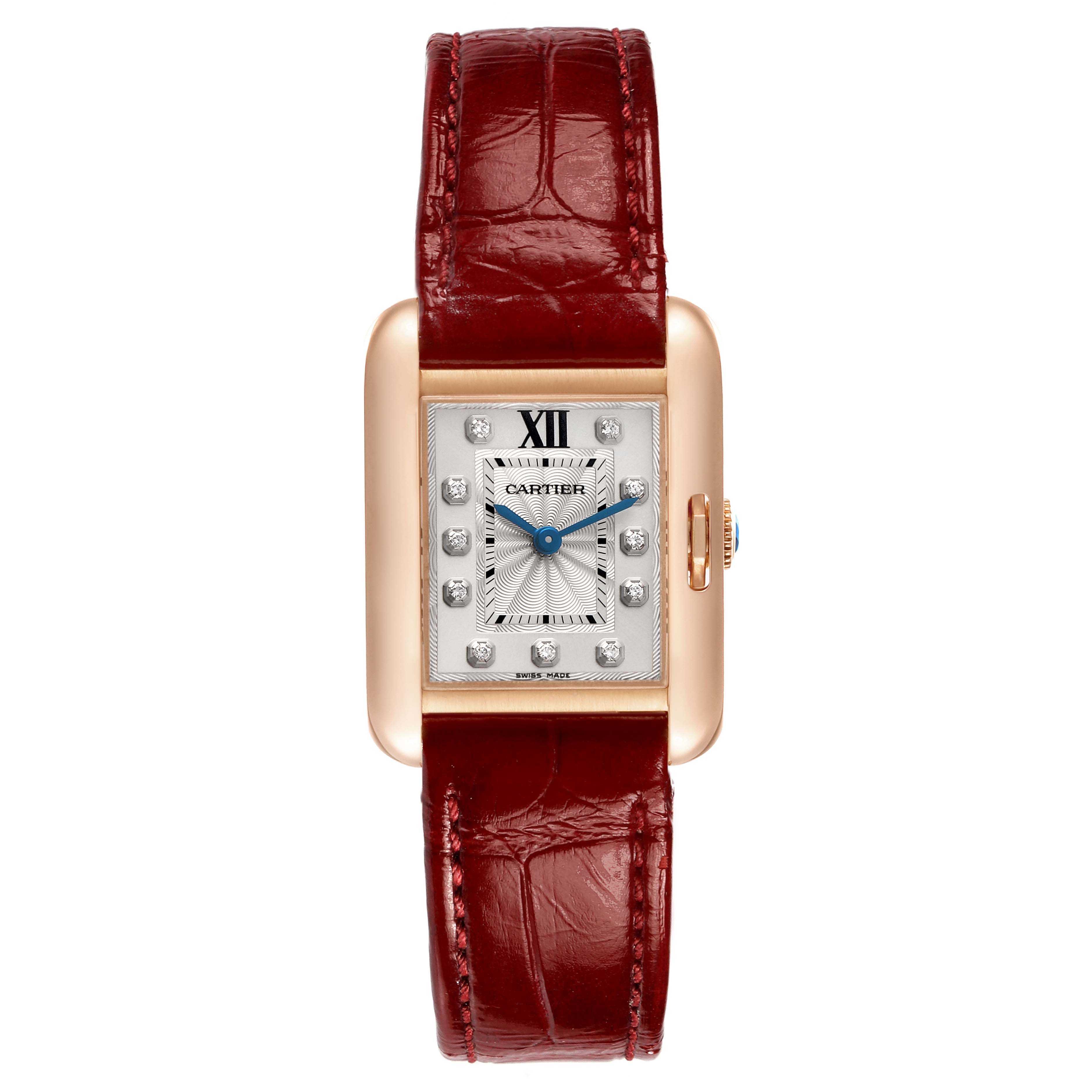 The Cartier Tank Anglaise WJTA0007 Women's Rose Gold Silver Dial watch is shown from a top-down angle, displaying the face, bezel, and strap.