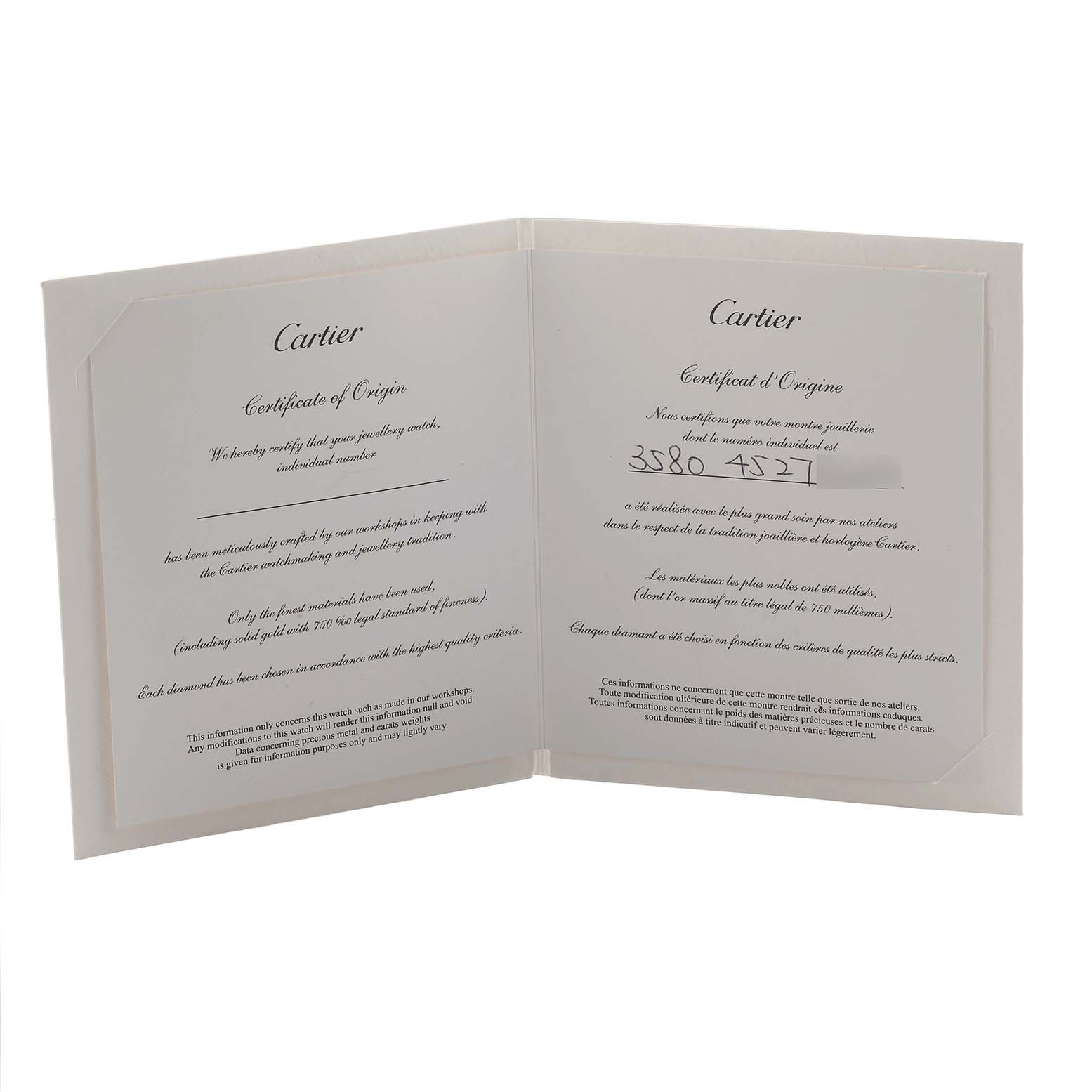 The image shows a Cartier Certificate of Origin, related to the Tank Anglaise model.