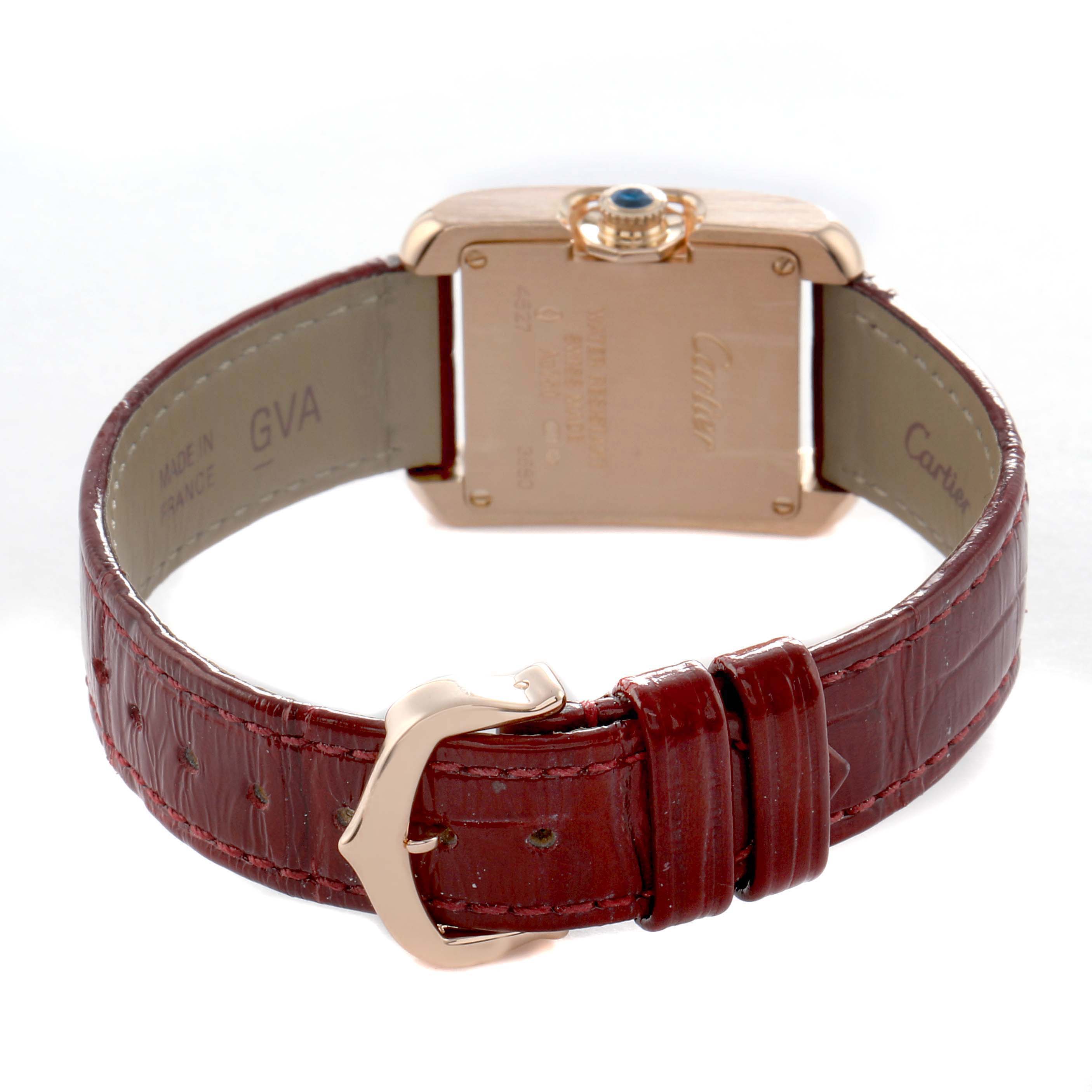 The image shows the backside and strap of the Cartier Tank Anglaise WJTA0007 Women's Rose Gold Silver Dial watch, highlighting the buckle and case back.