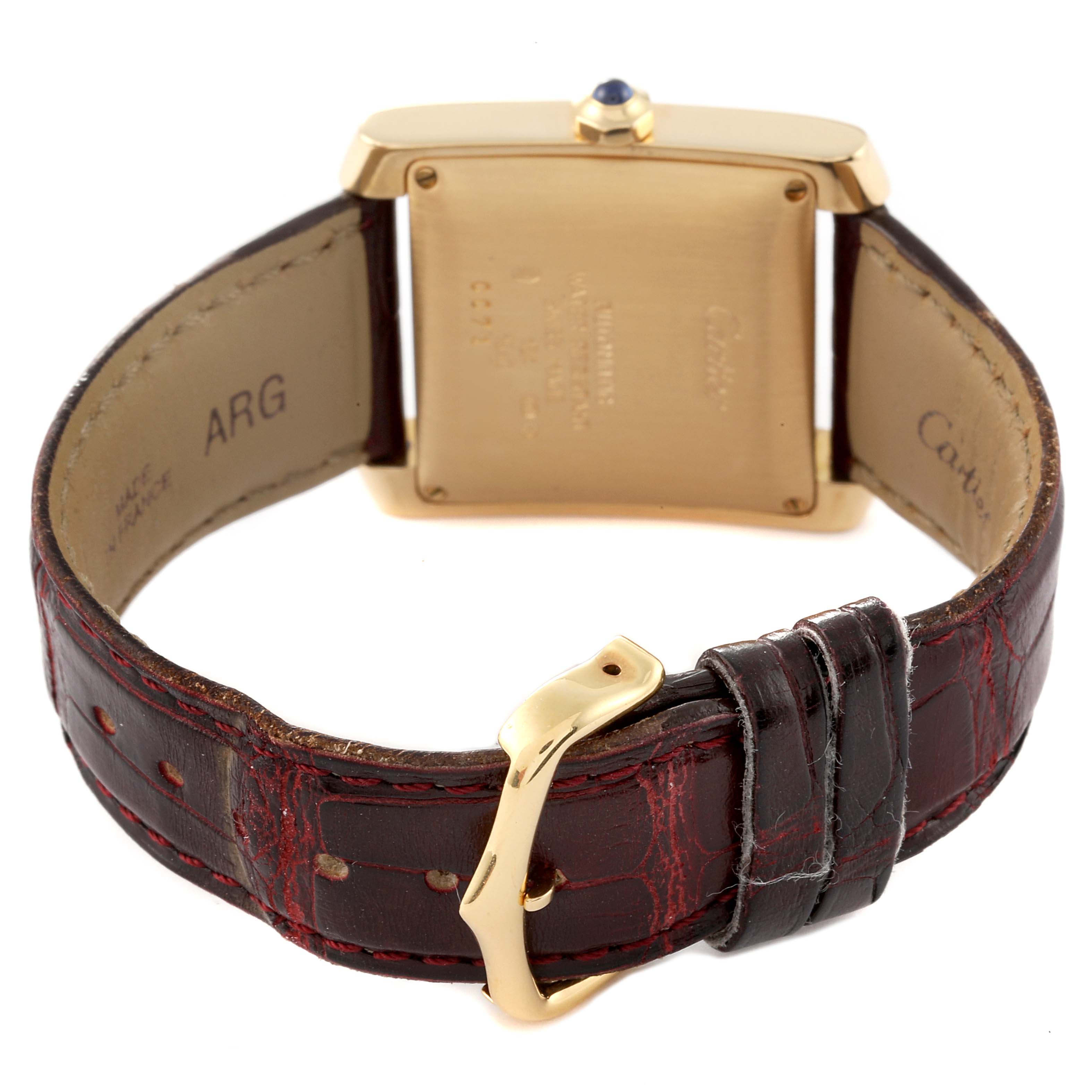 The image shows the back and strap of a Cartier Tank Francaise W5000156 Men's Yellow Gold Silver Dial W5000156 Men's Yellow Gold Silver Dial watch, highlighting the clasp and leather band.