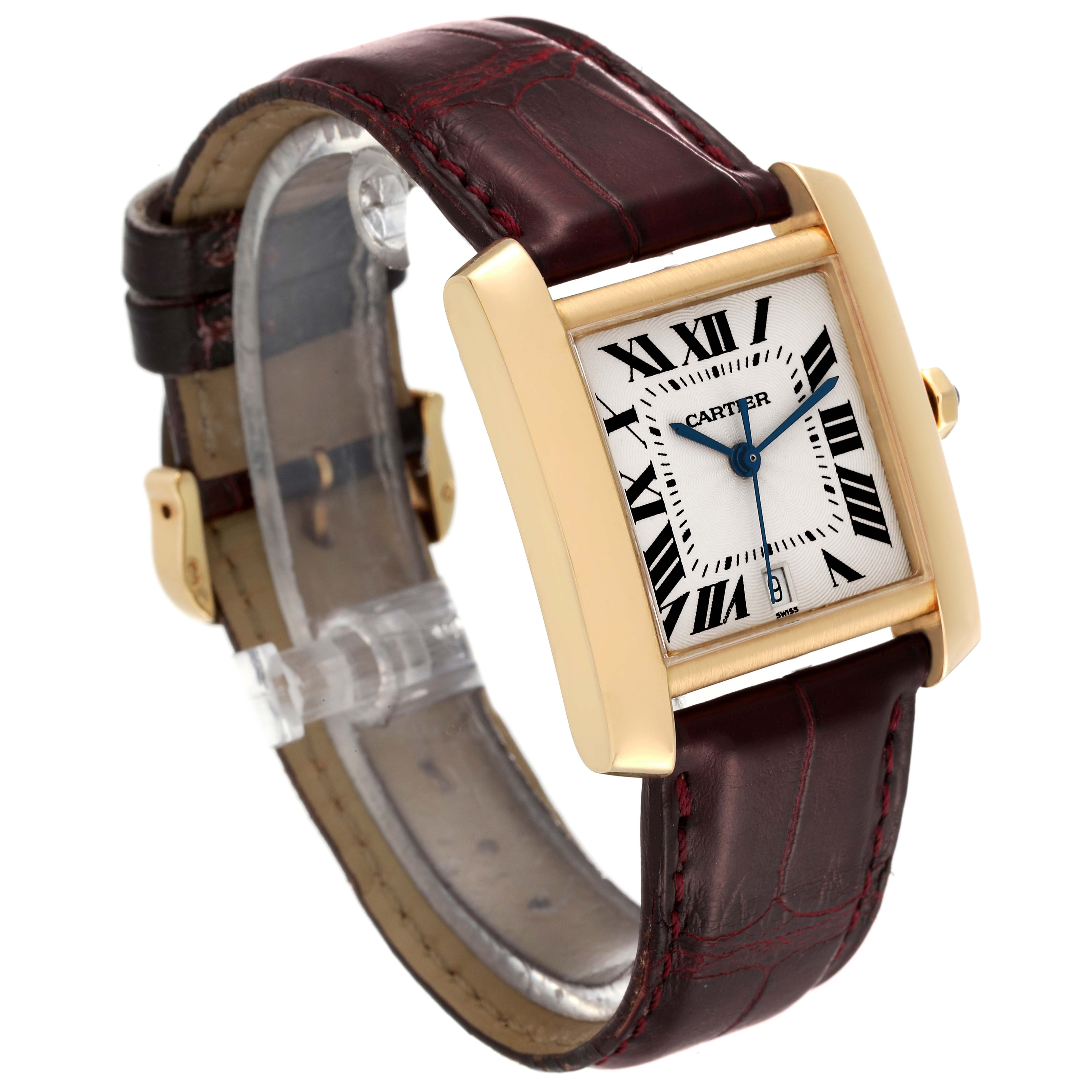 This image shows a side angle of the Cartier Tank Française watch, highlighting its face, gold case, and leather strap.