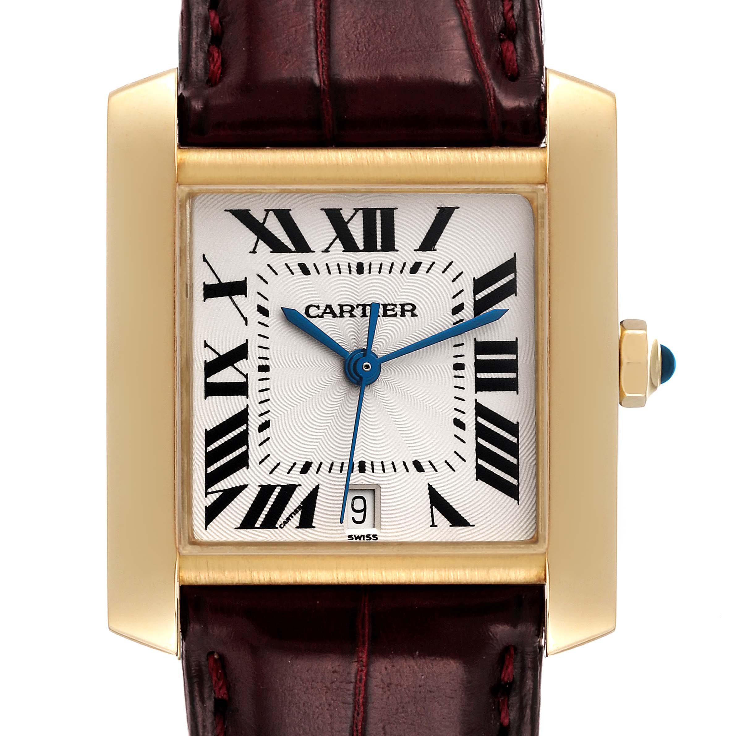 This image shows the front view of a Cartier Tank Française watch, featuring the dial, case, crown, and a portion of the leather strap.