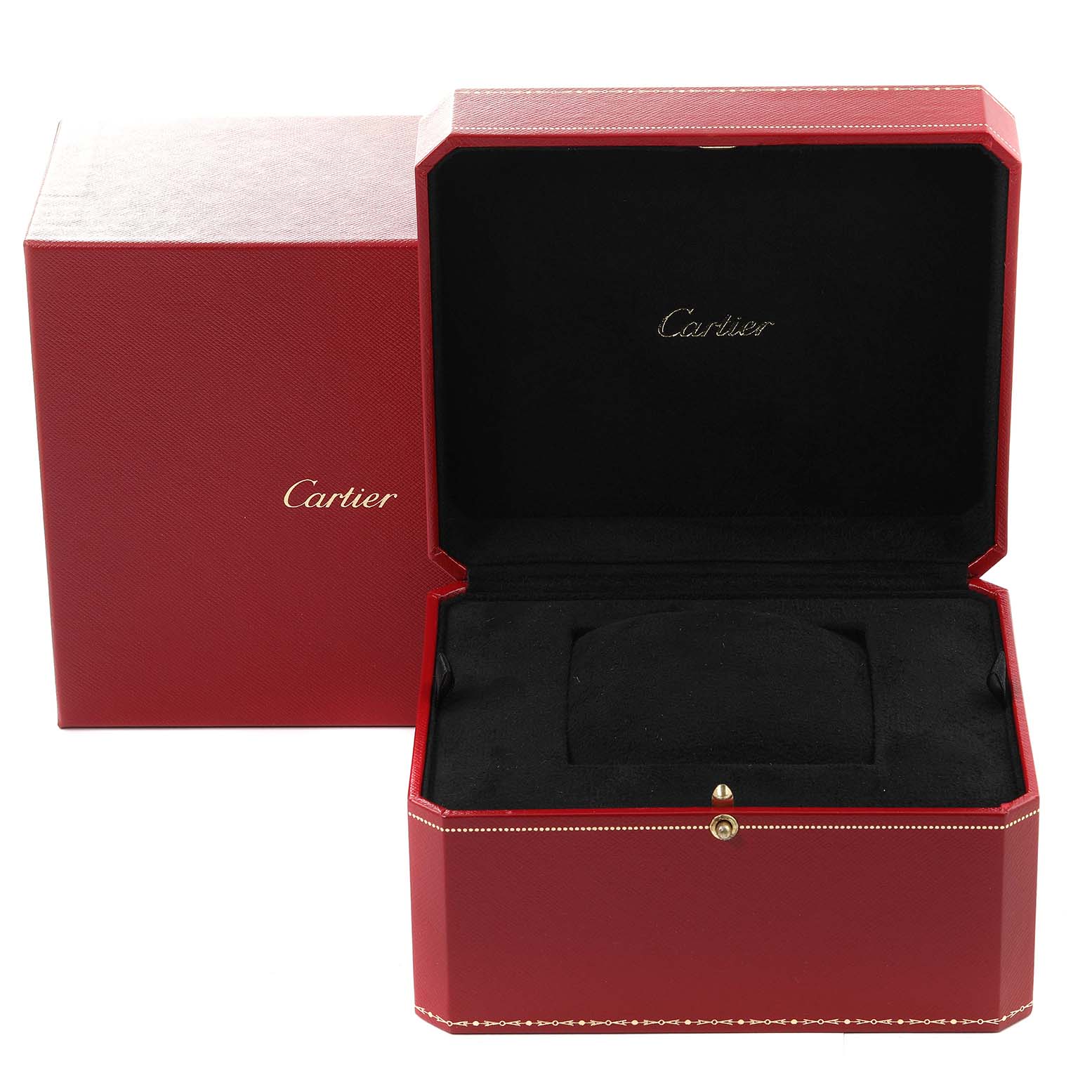This image shows an open red Cartier box for the Tank Francaise model watch, revealing the interior cushion.