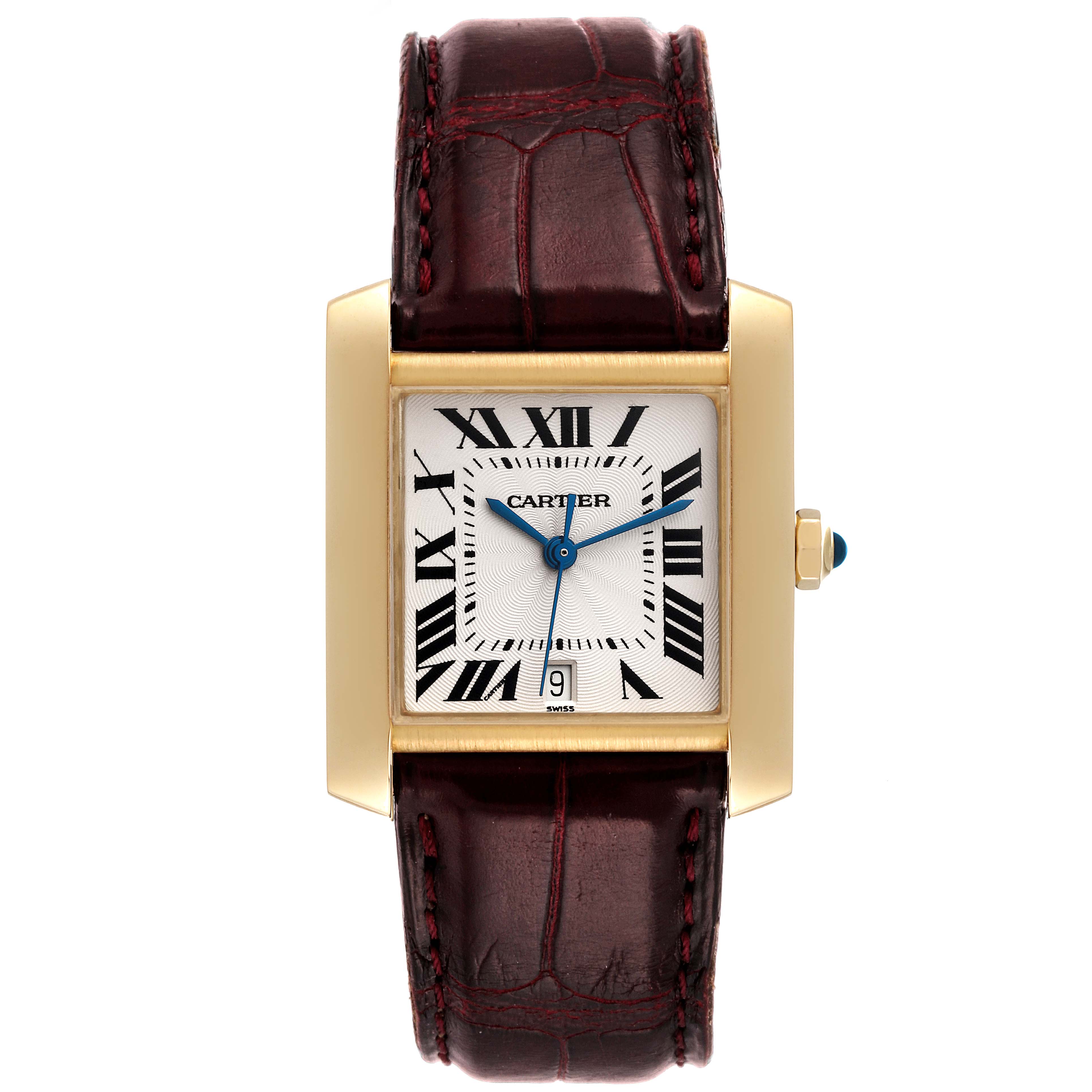 The image shows a front view of the Cartier Tank Française watch, featuring its rectangular face, Roman numerals, and leather strap.