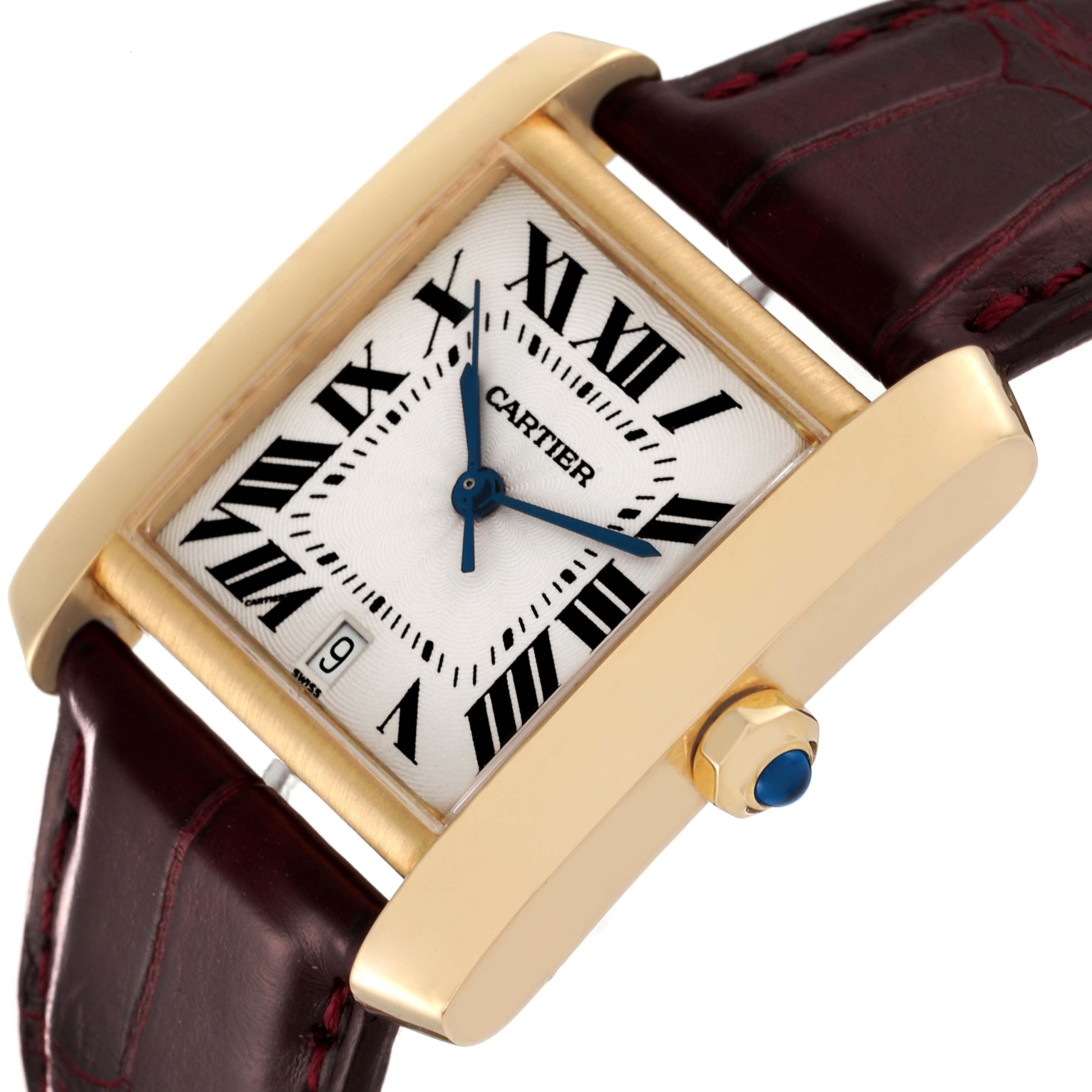 This image shows a close-up angled view of the Cartier Tank Francaise W5000156 Men's Yellow Gold Silver Dial W5000156 Men's Yellow Gold Silver Dial watch, highlighting its rectangular face, Roman numerals, and gold casing.