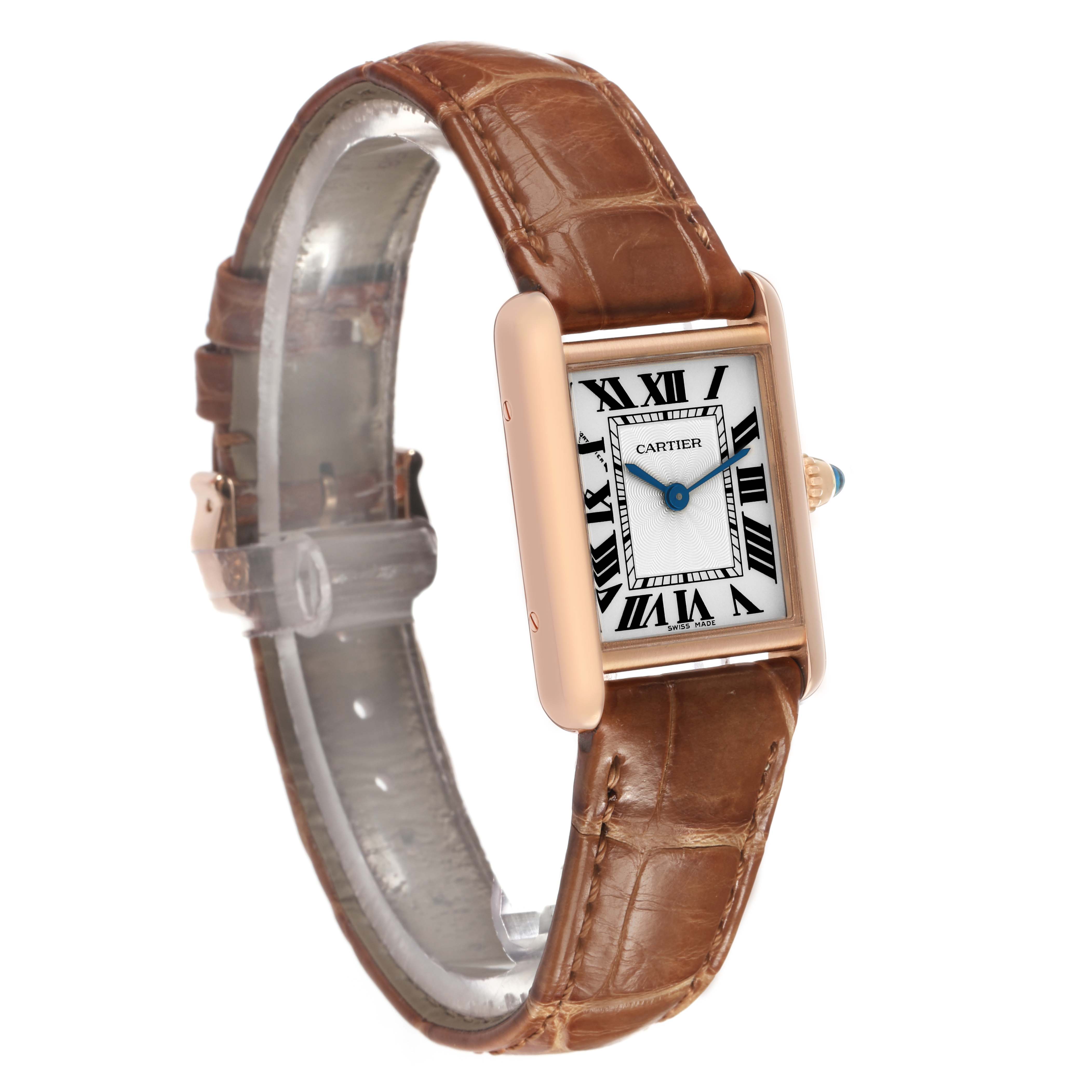 The Cartier Tank Louis WGTA0010 Women's Rose Gold Silver Dial watch is shown at a slight angle, displaying its face, gold case, and brown leather strap.