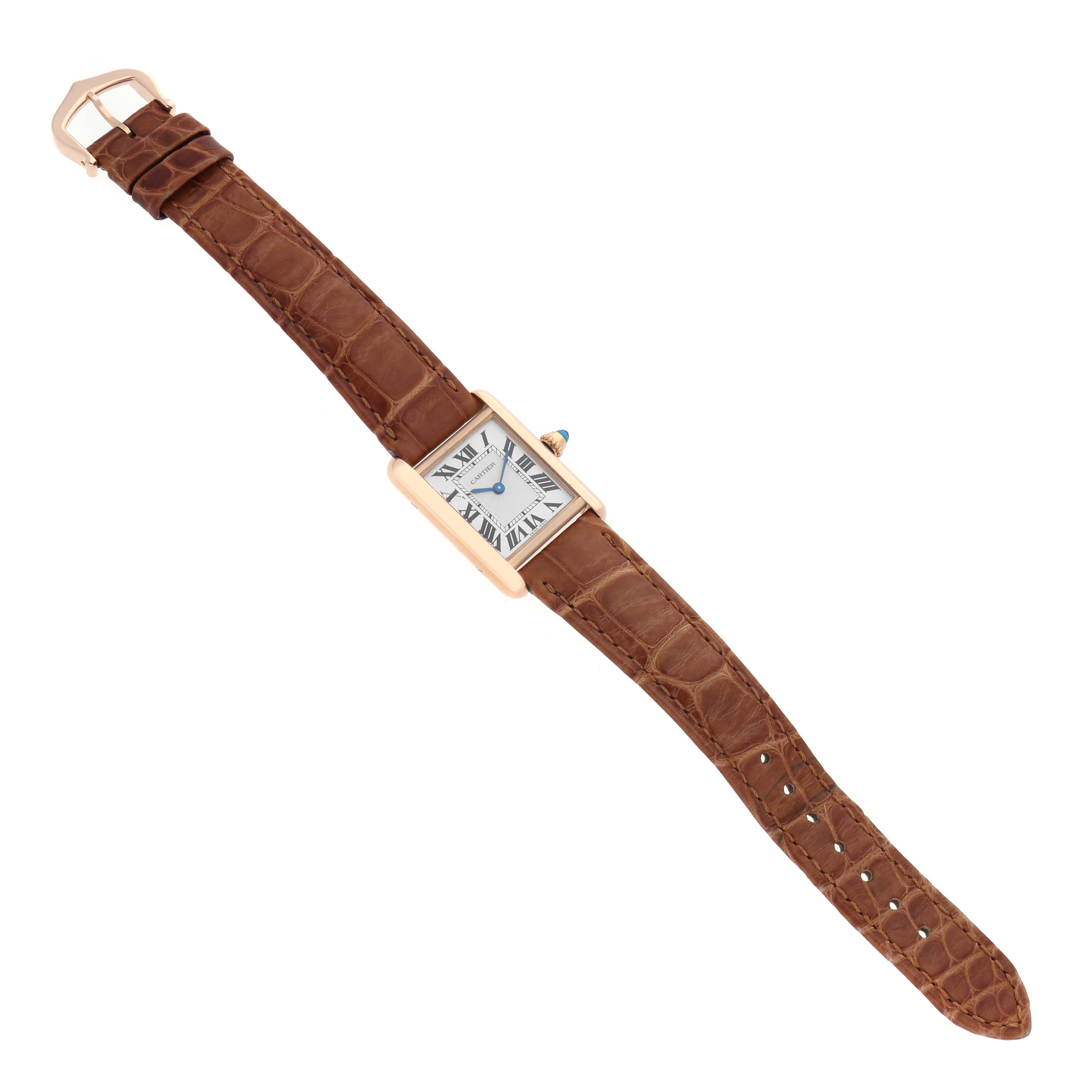 The Cartier Tank Louis WGTA0010 Women's Rose Gold Silver Dial watch is shown from a top-down angle, displaying its rectangular face and brown leather strap.