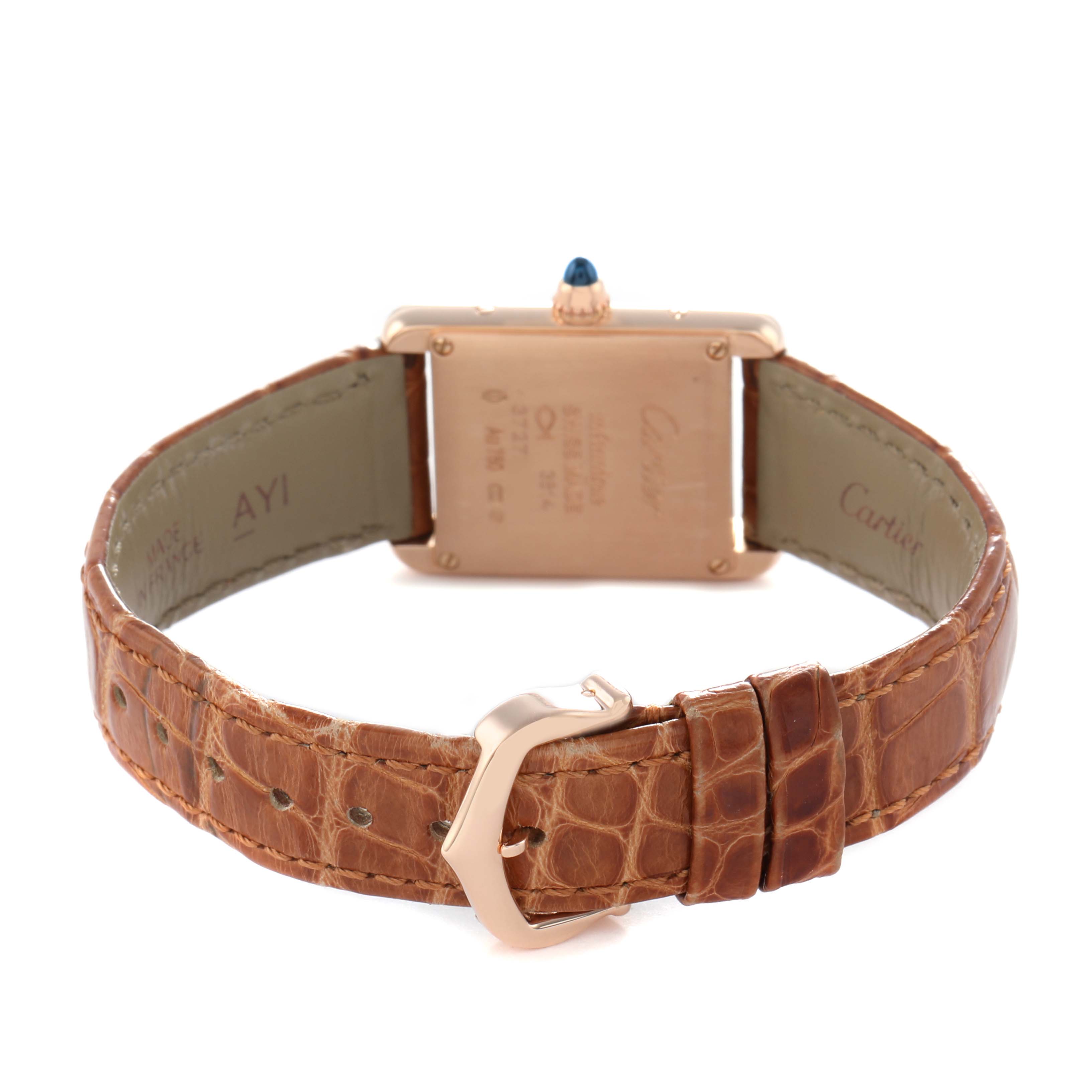 The image shows the back of the Cartier Tank Louis WGTA0010 Women's Rose Gold Silver Dial watch, highlighting the case, crown, and brown leather strap with a buckle.