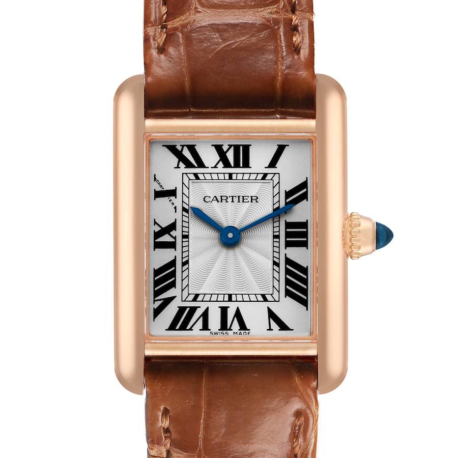 The Tank Louis model by Cartier is shown from the front, highlighting its rectangular face, Roman numerals, and leather strap.