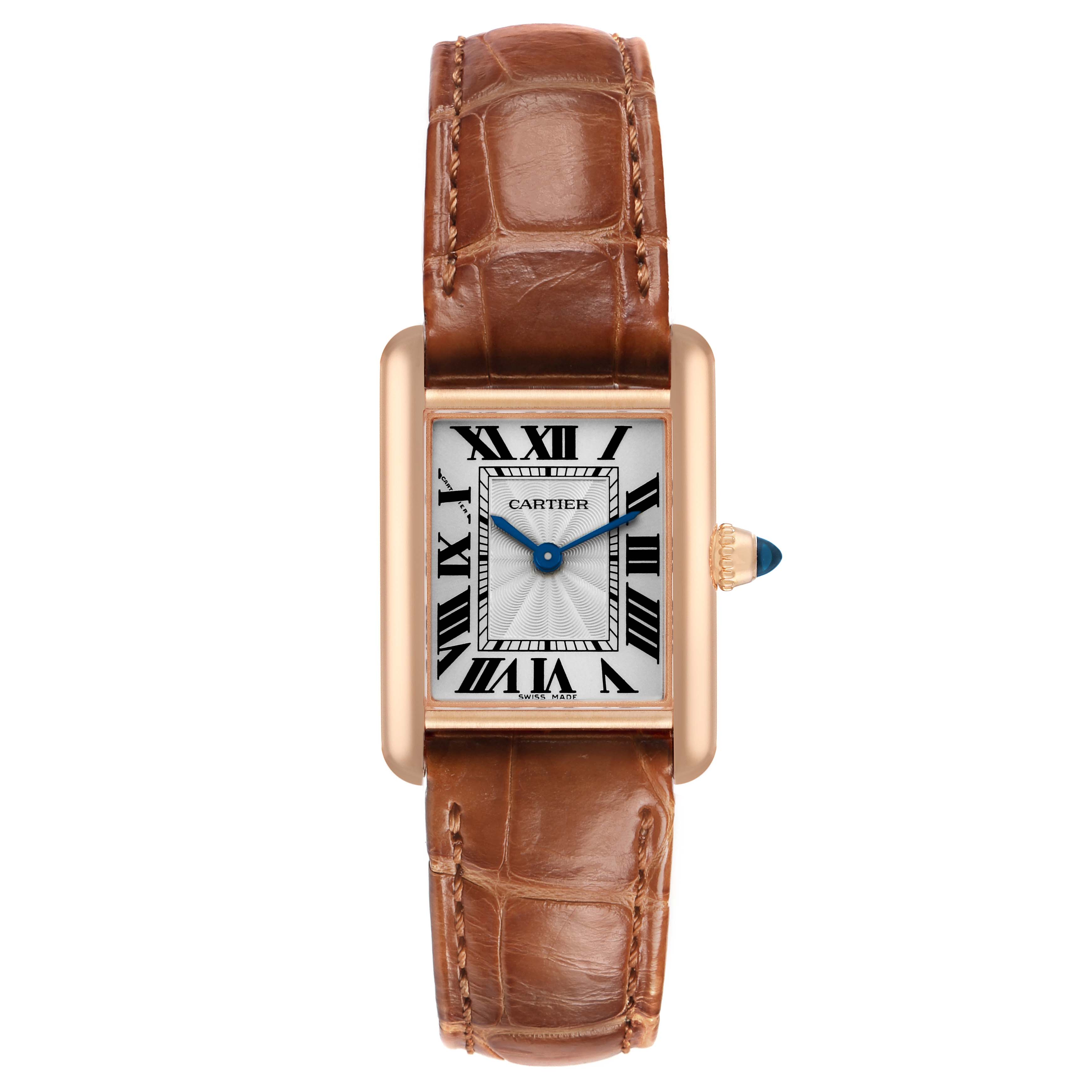 The Cartier Tank Louis WGTA0010 Women's Rose Gold Silver Dial watch is shown from a top-down angle, highlighting its rectangular case, Roman numeral dial, and leather strap.