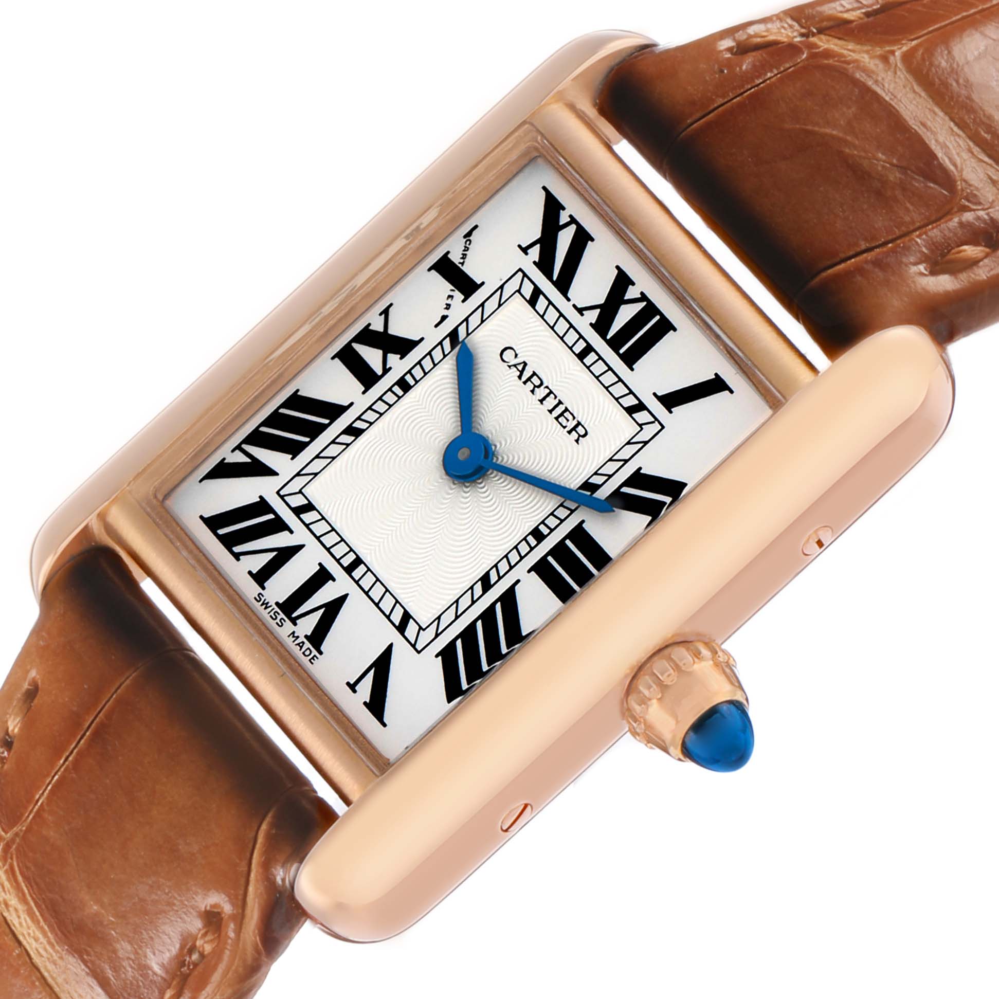 The Cartier Tank Louis WGTA0010 Women's Rose Gold Silver Dial watch is shown at an angled close-up, highlighting the rectangular case, Roman numerals, and blue hands.